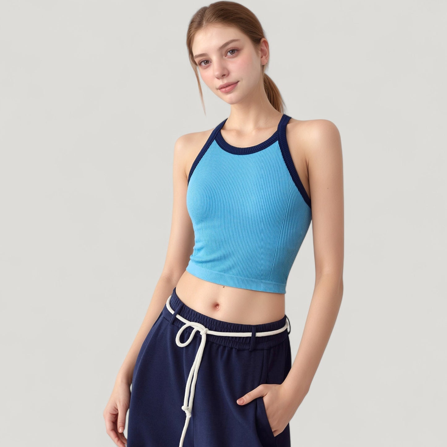 Anna-Kaci Active Women's Ribbed Racerback Cropped Tank Top with Contrast Trim and Fitted Stretch Fabric