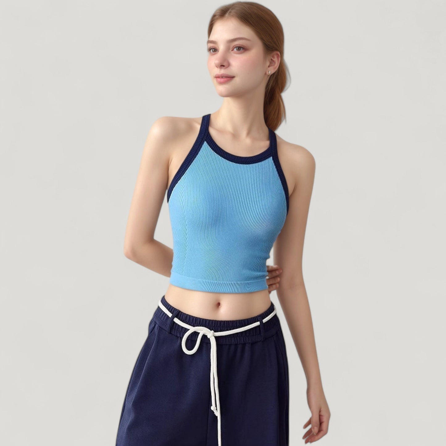 Anna-Kaci Active Women's Ribbed Racerback Cropped Tank Top with Contrast Trim and Fitted Stretch Fabric