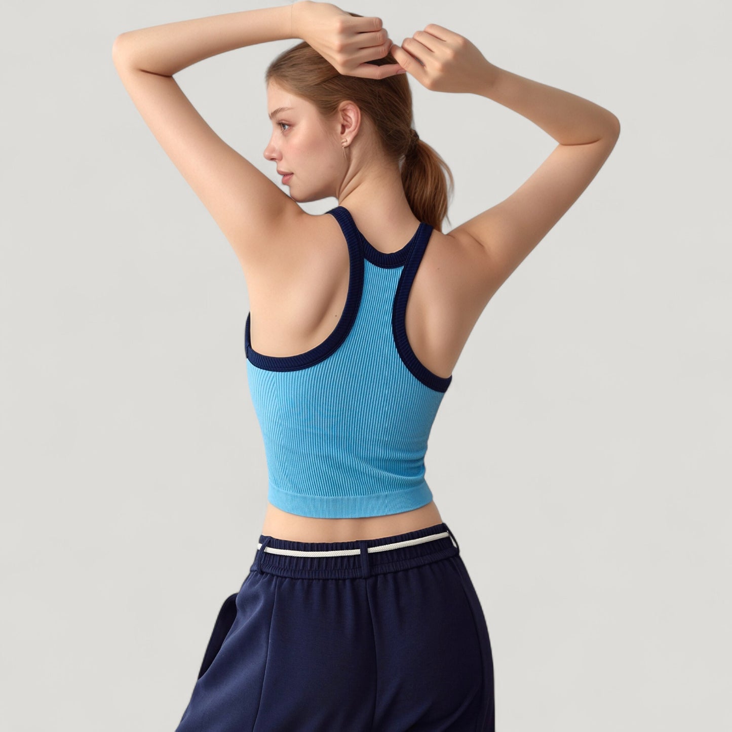 Anna-Kaci Active Women's Ribbed Racerback Cropped Tank Top with Contrast Trim and Fitted Stretch Fabric
