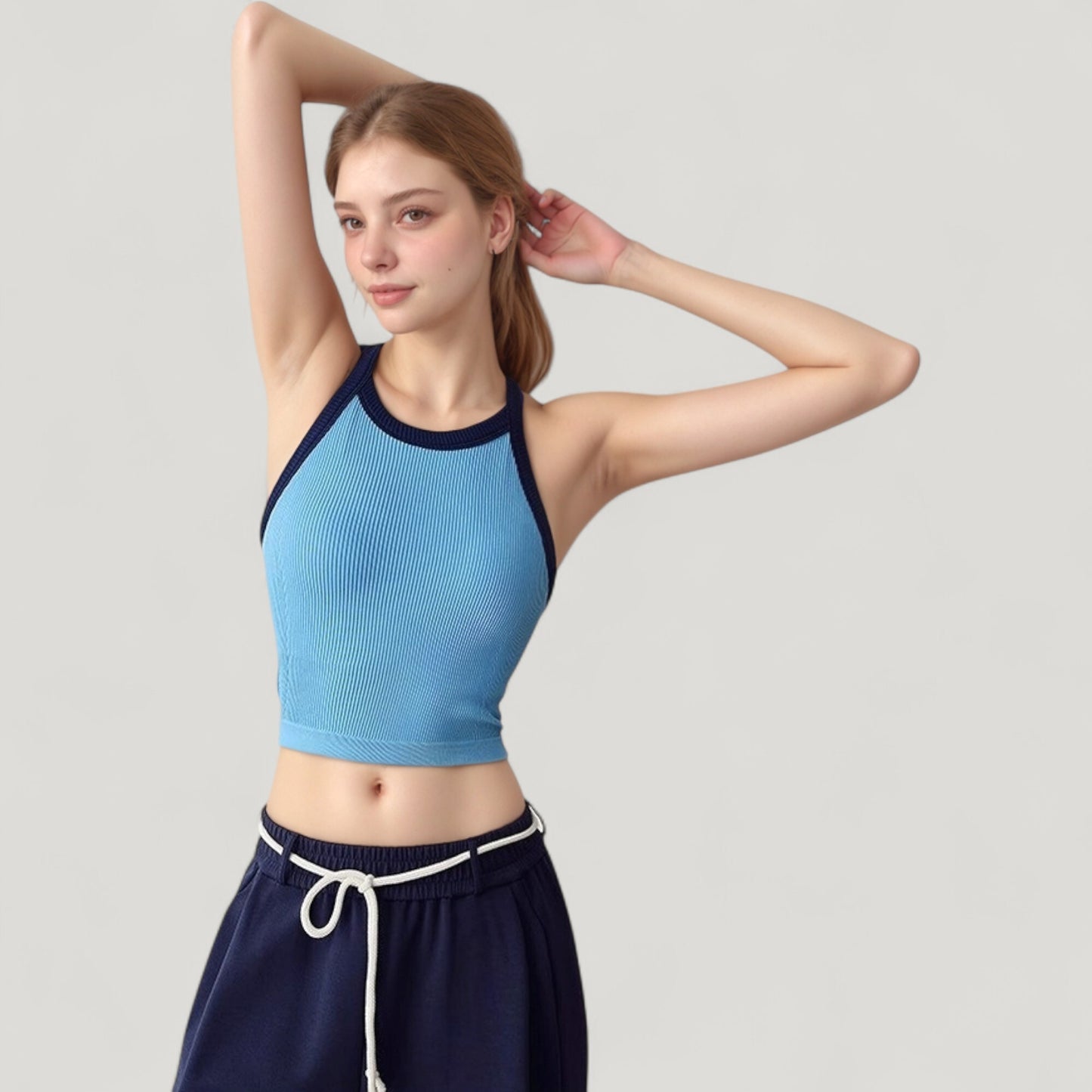Anna-Kaci Active Women's Ribbed Racerback Cropped Tank Top with Contrast Trim and Fitted Stretch Fabric