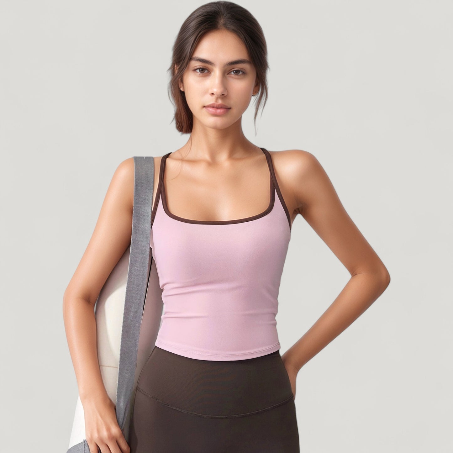 Anna-Kaci Active Women's Square Neck Fitted Crop Tank Top with Contrast Trim and Soft Stretch Fabric