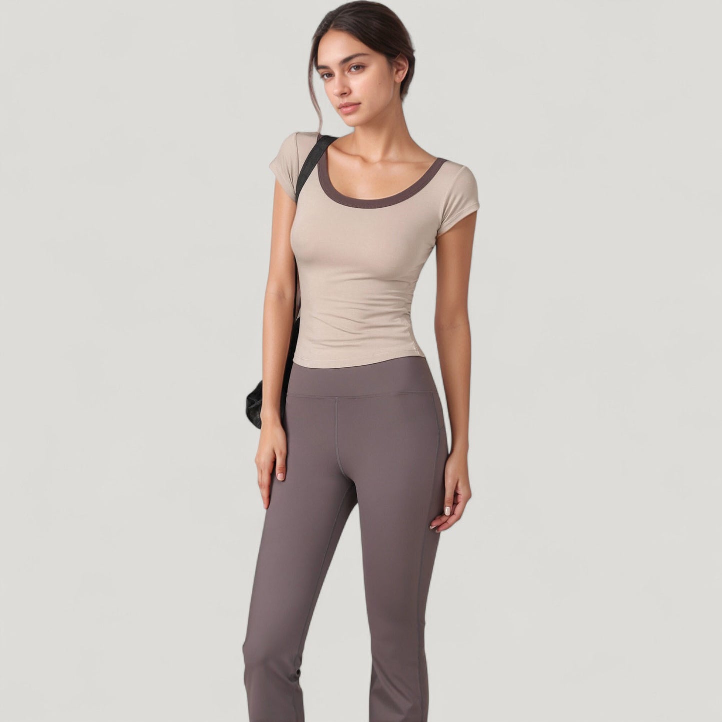 Anna-Kaci Active Women's Scoop Neck Contrast Trim Fitted Short Sleeve Active Top