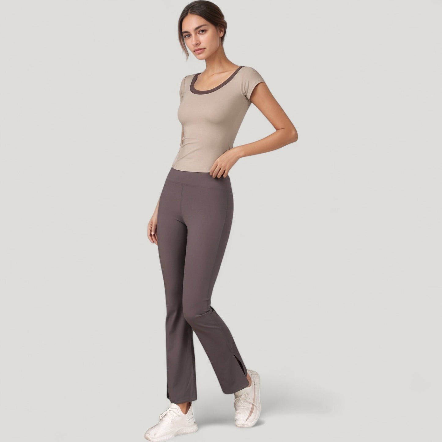 Anna-Kaci Active Women's Scoop Neck Contrast Trim Fitted Short Sleeve Active Top