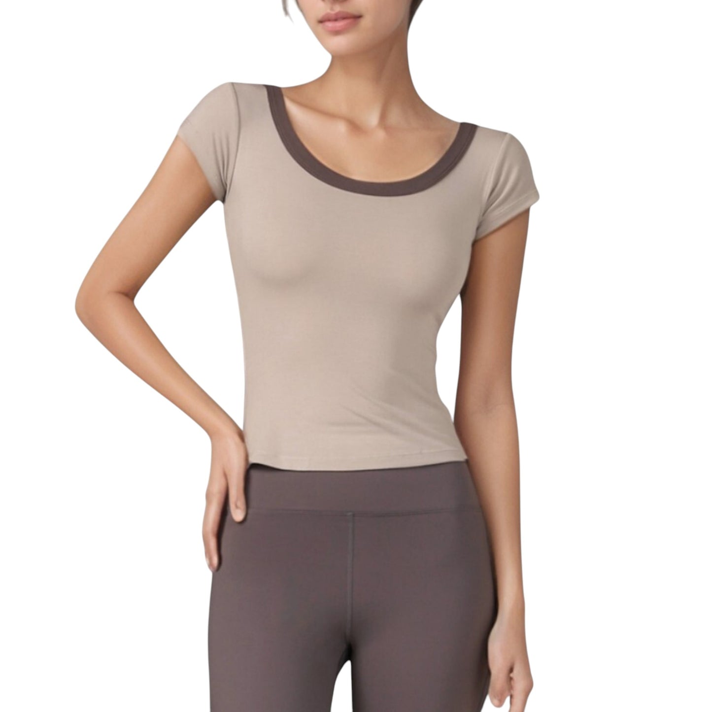 Anna-Kaci Active Women's Scoop Neck Contrast Trim Fitted Short Sleeve Active Top