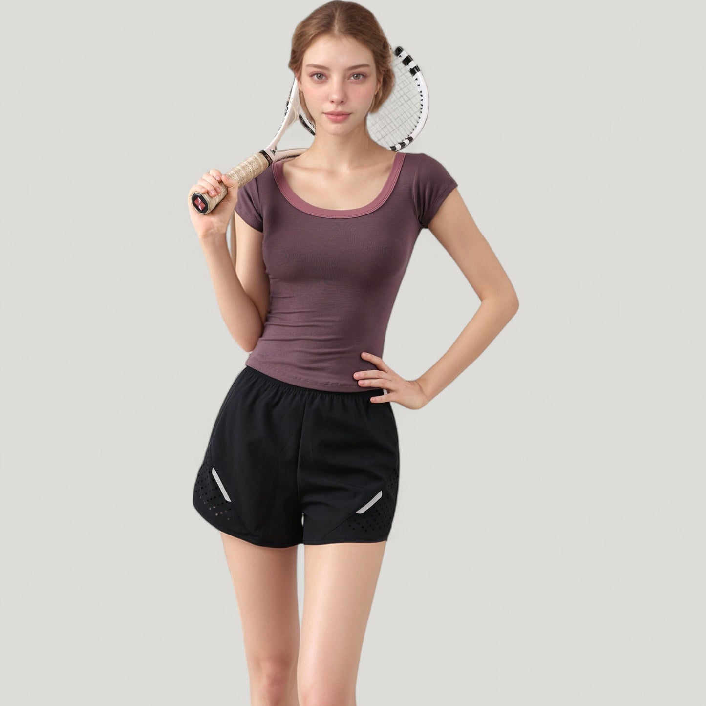 Anna-Kaci Active Women's Scoop Neck Contrast Trim Fitted Short Sleeve Active Top
