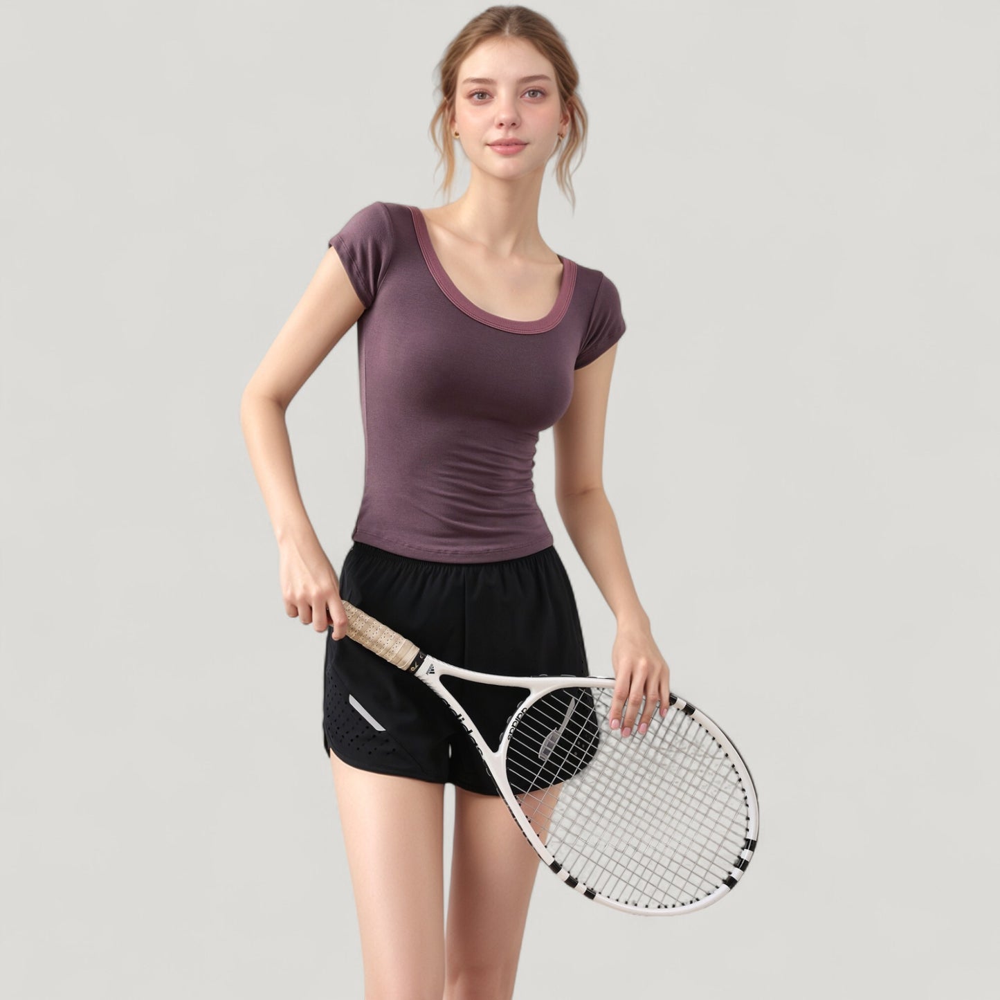 Anna-Kaci Active Women's Scoop Neck Contrast Trim Fitted Short Sleeve Active Top