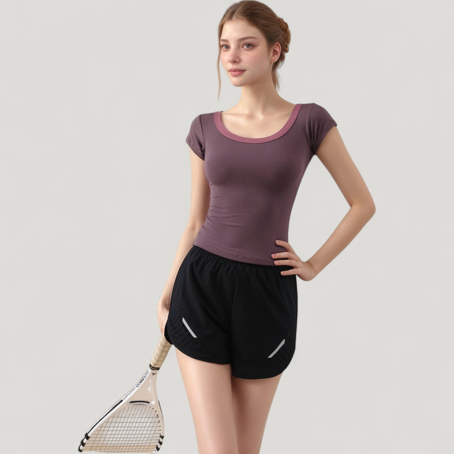 Anna-Kaci Active Women's Scoop Neck Contrast Trim Fitted Short Sleeve Active Top