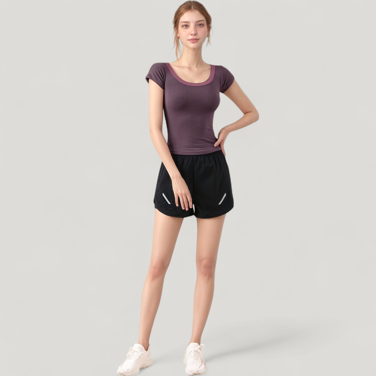 Anna-Kaci Active Women's Scoop Neck Contrast Trim Fitted Short Sleeve Active Top