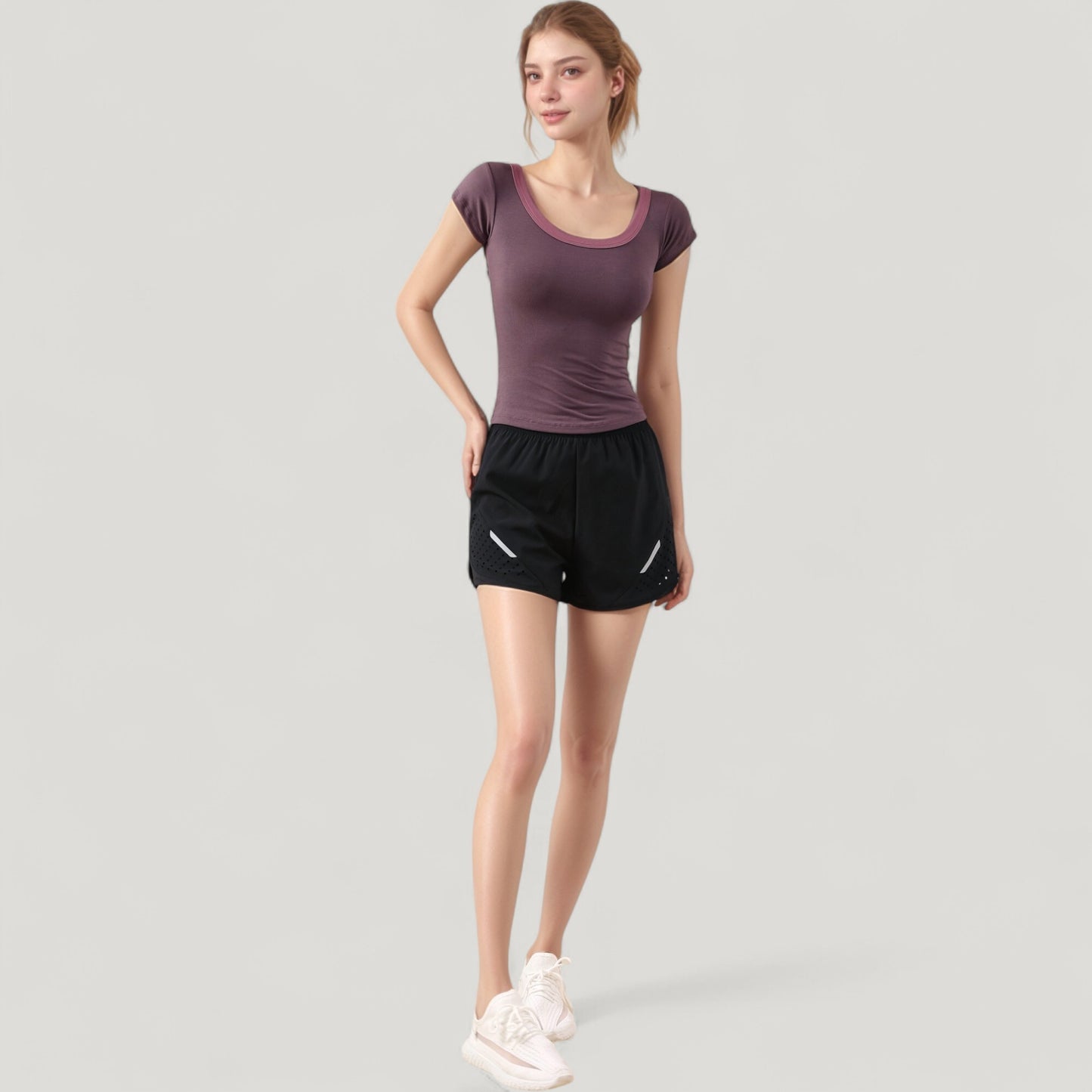 Anna-Kaci Active Women's Scoop Neck Contrast Trim Fitted Short Sleeve Active Top