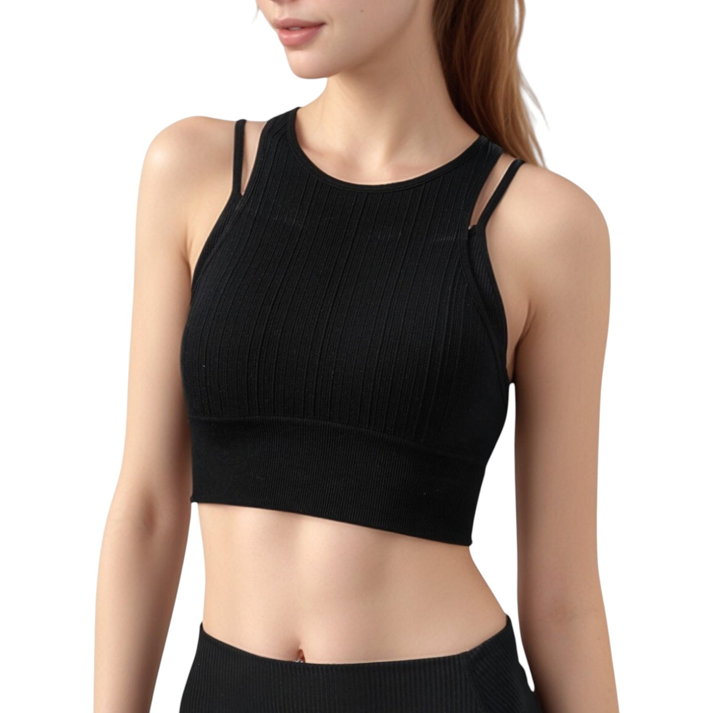 Anna-Kaci Active Women's Ribbed High Neck Crop Top with Double Strap Detail