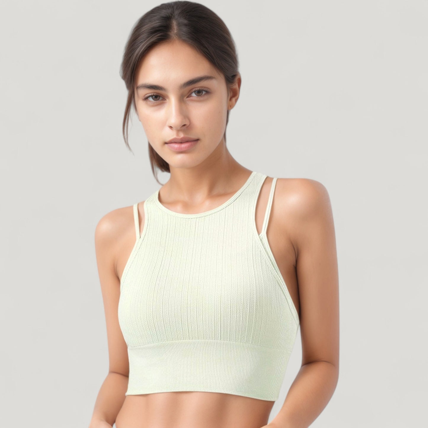 Anna-Kaci Active Women's Ribbed High Neck Crop Top with Double Strap Detail