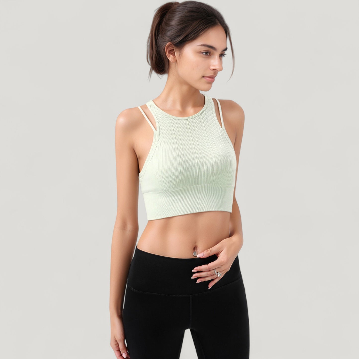 Anna-Kaci Active Women's Ribbed High Neck Crop Top with Double Strap Detail