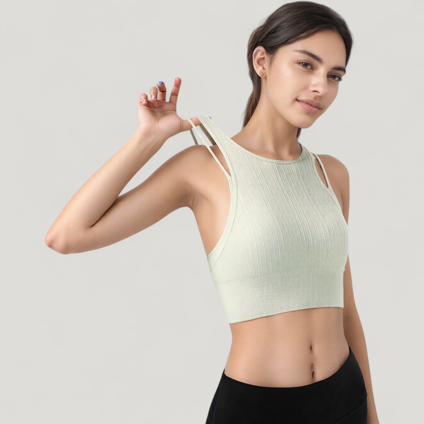 Anna-Kaci Active Women's Ribbed High Neck Crop Top with Double Strap Detail
