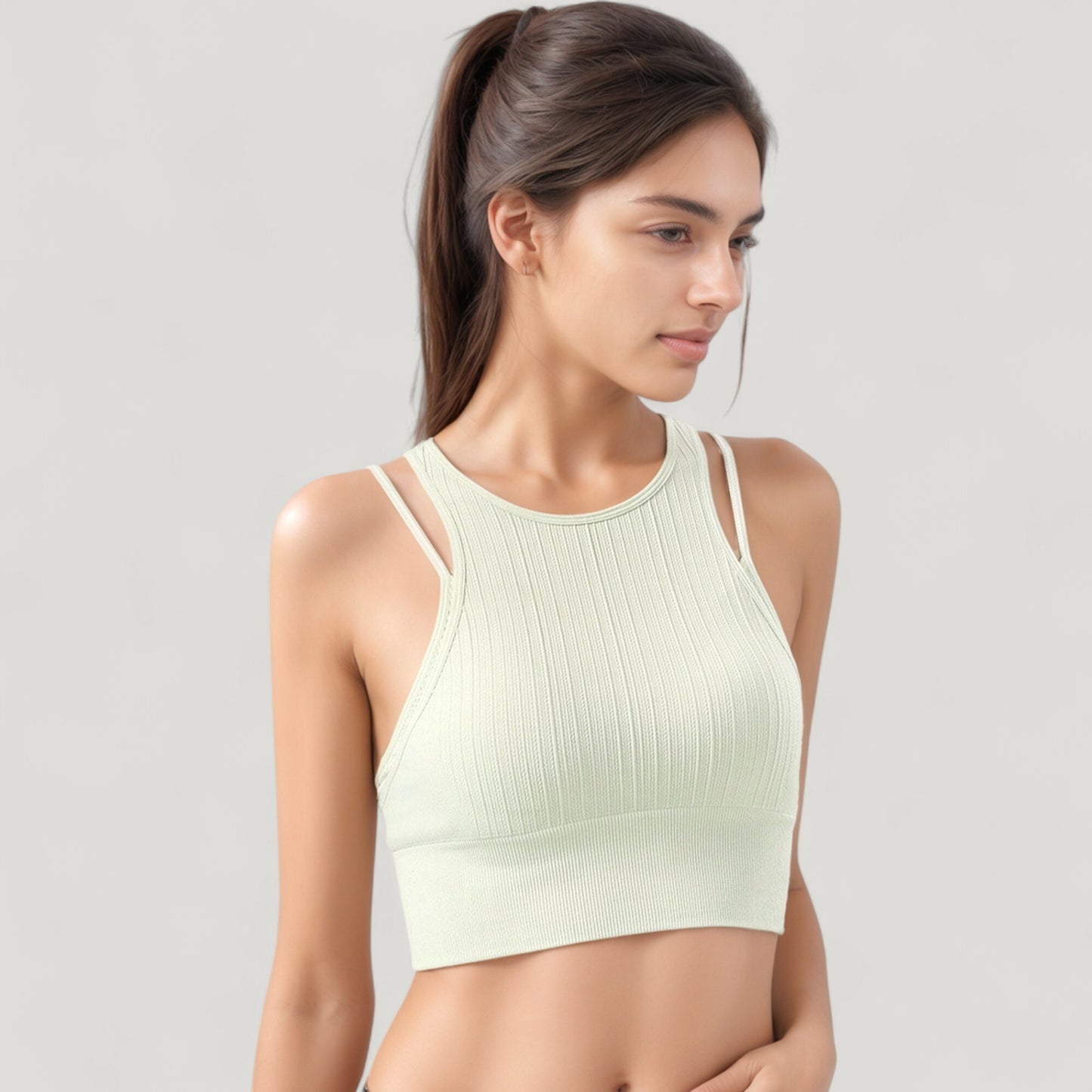 Anna-Kaci Active Women's Ribbed High Neck Crop Top with Double Strap Detail