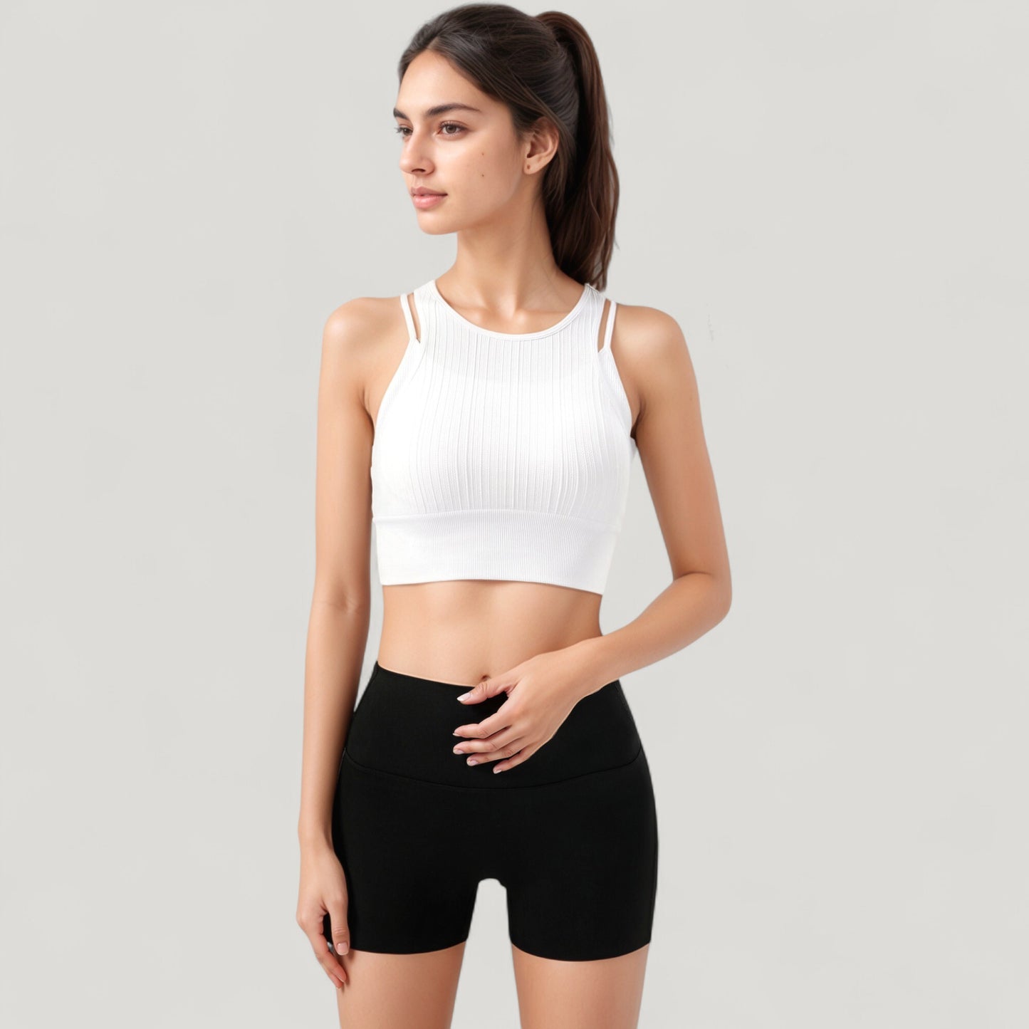 Anna-Kaci Active Women's Ribbed High Neck Crop Top with Double Strap Detail