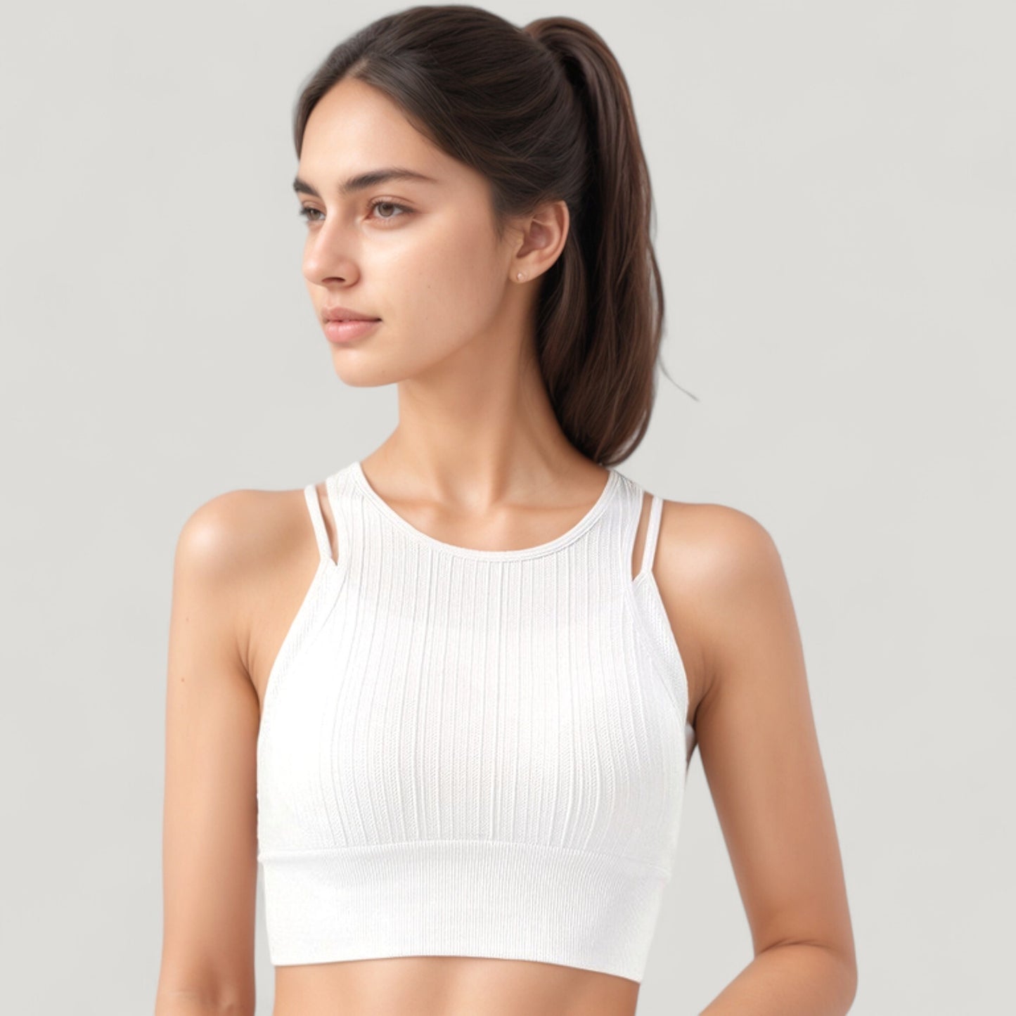 Anna-Kaci Active Women's Ribbed High Neck Crop Top with Double Strap Detail