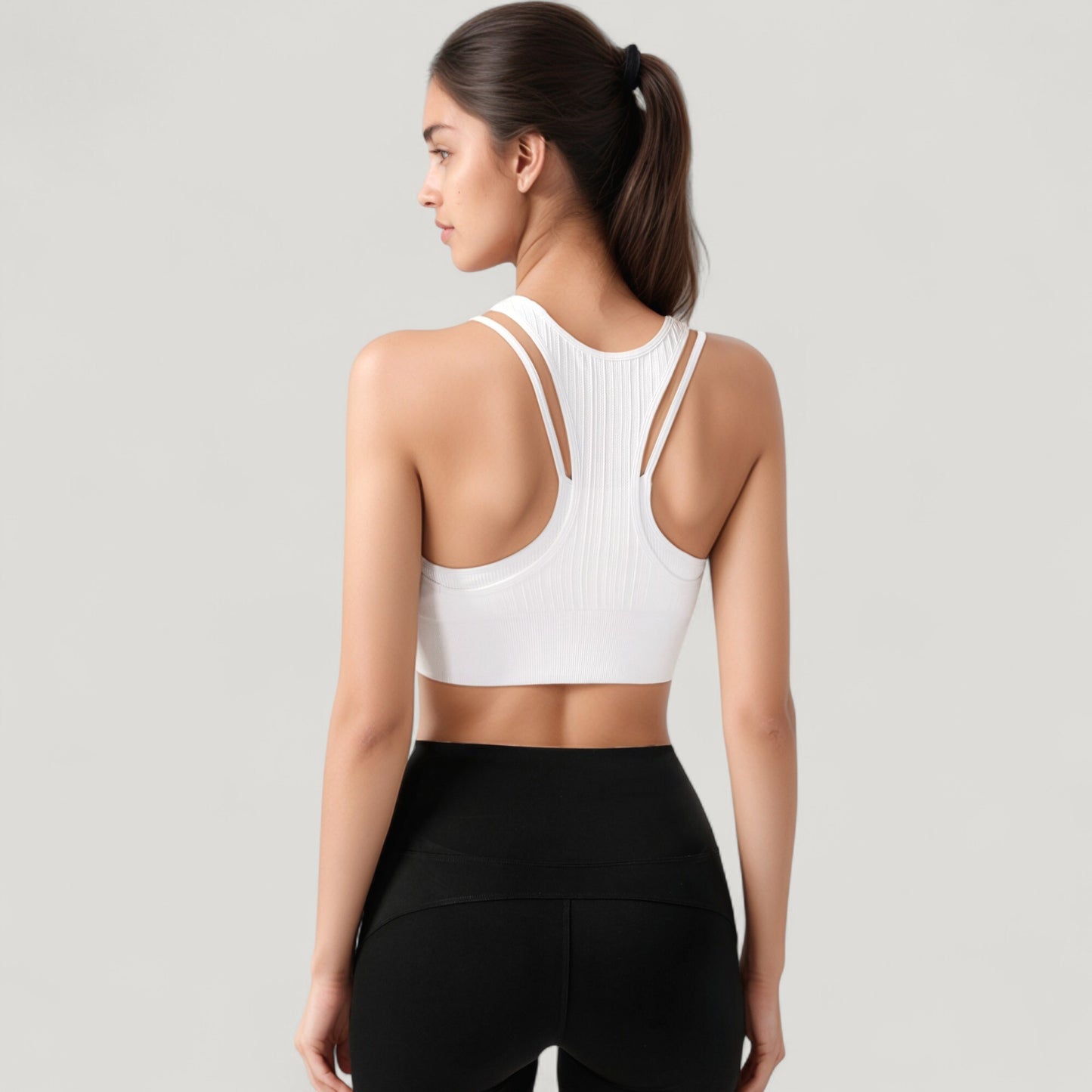 Anna-Kaci Active Women's Ribbed High Neck Crop Top with Double Strap Detail