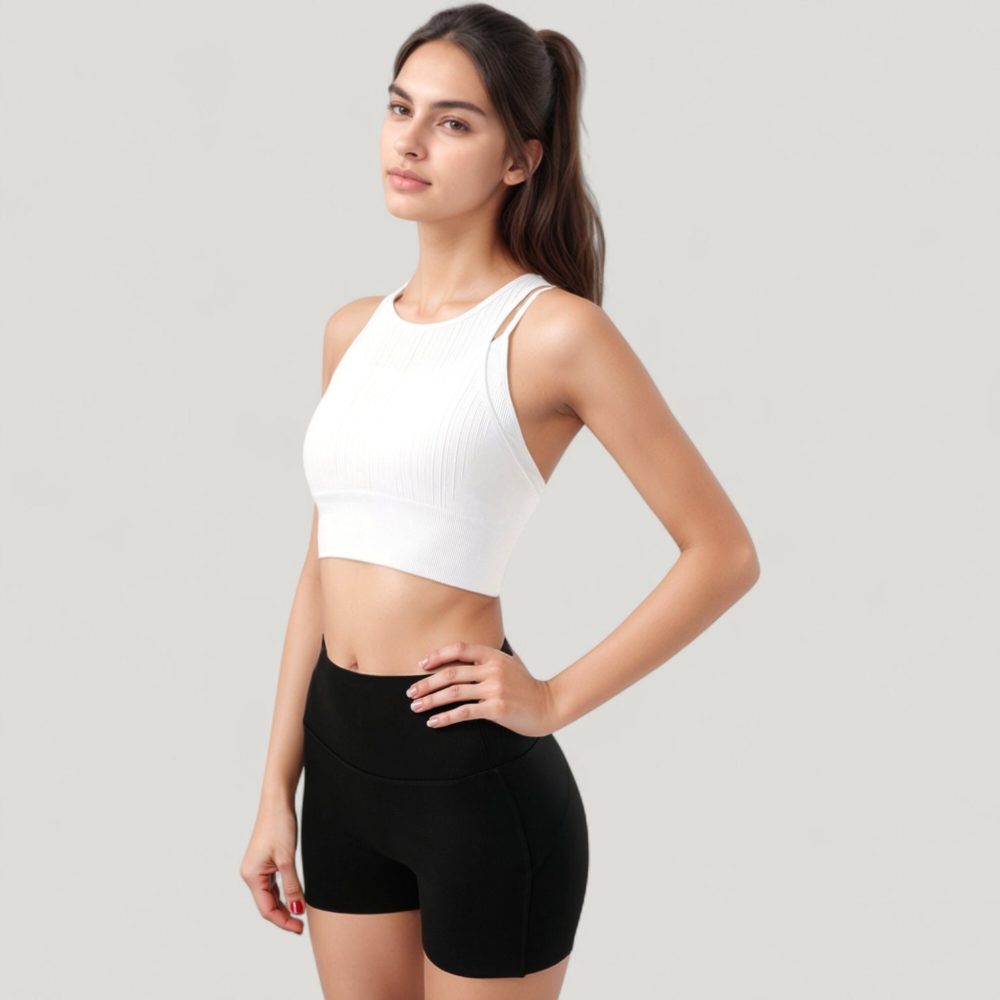 Anna-Kaci Active Women's Ribbed High Neck Crop Top with Double Strap Detail