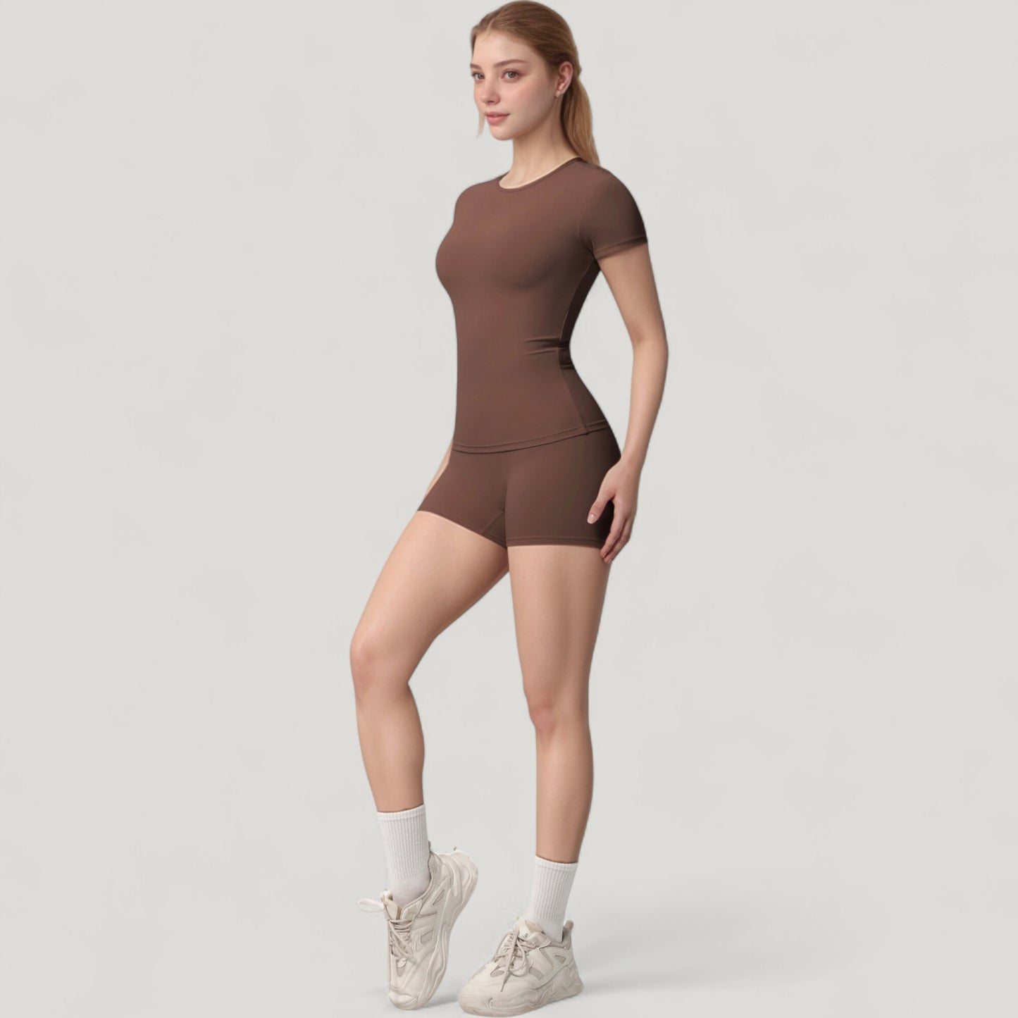 Anna-Kaci Active Women's Fitted Short Sleeve Top and High Waist Shorts 2-Piece Active Set