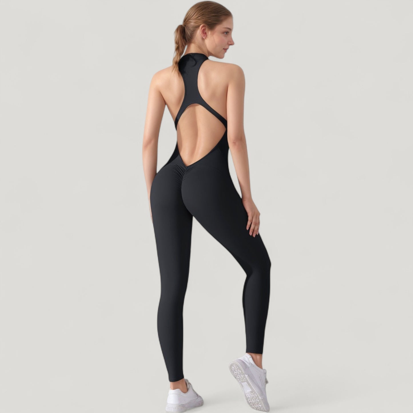 Anna-Kaci Active Women's High Neck Sleeveless Activewear Jumpsuit with Back Cutout and Front Zip Closure