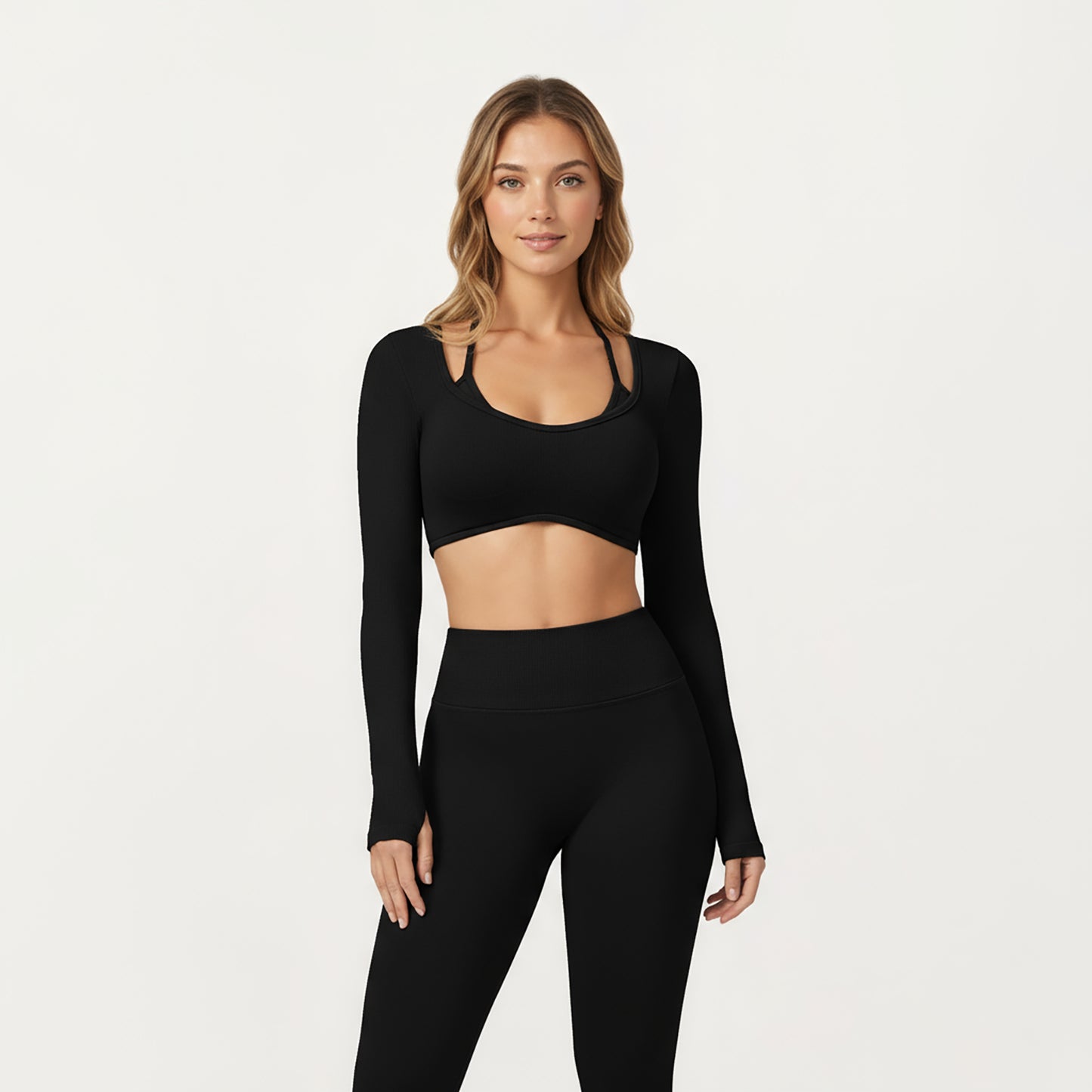Anna-Kaci Active Women's Long Sleeve Crop Top with Contrast Trim and Scoop Neckline