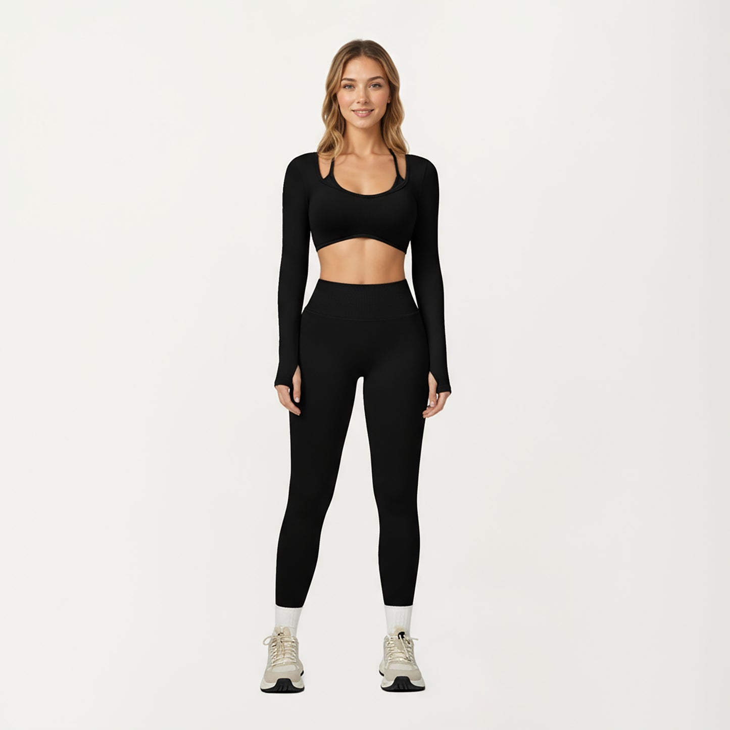 Anna-Kaci Active Women's Long Sleeve Crop Top with Contrast Trim and Scoop Neckline