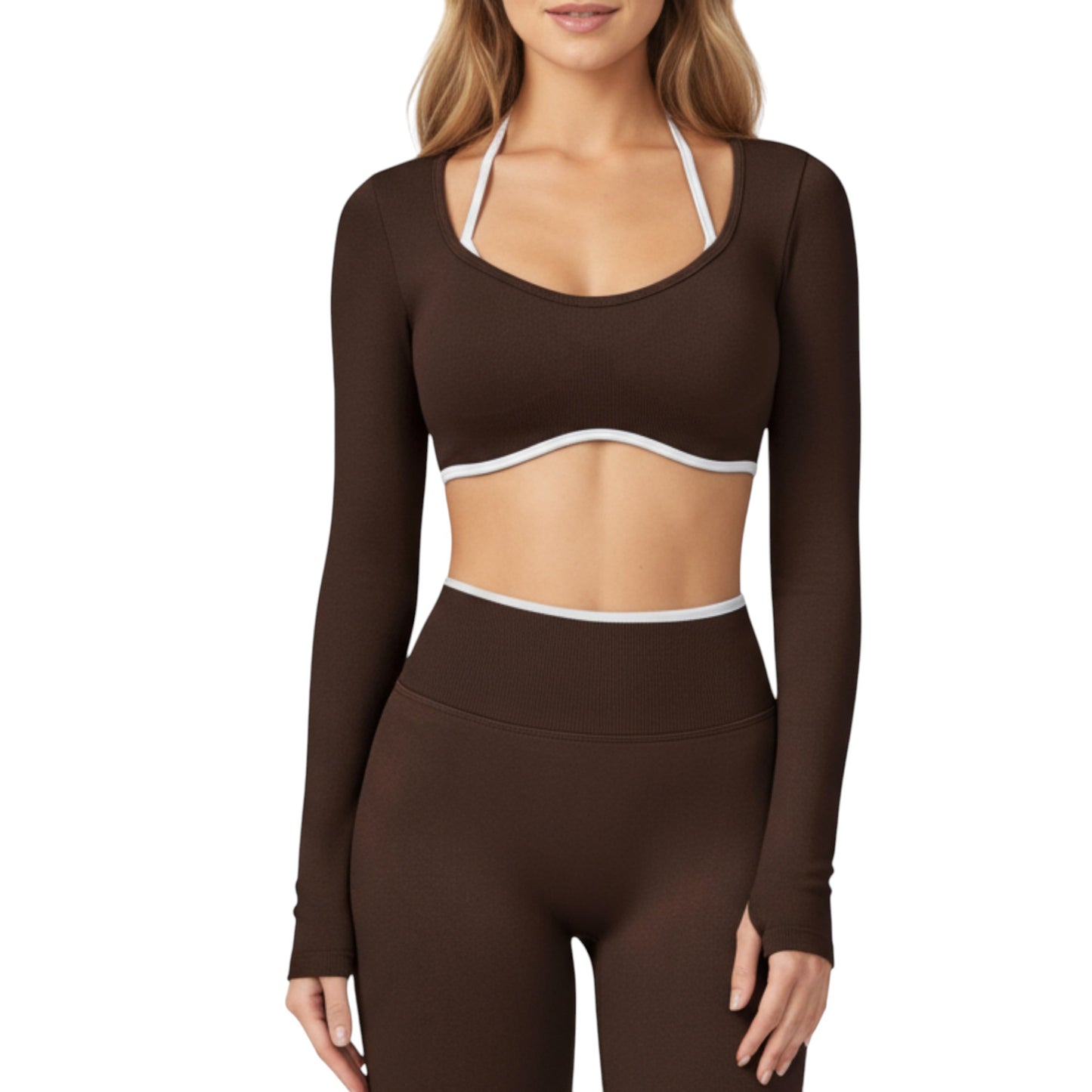 Anna-Kaci Active Women's Long Sleeve Crop Top with Contrast Trim and Scoop Neckline