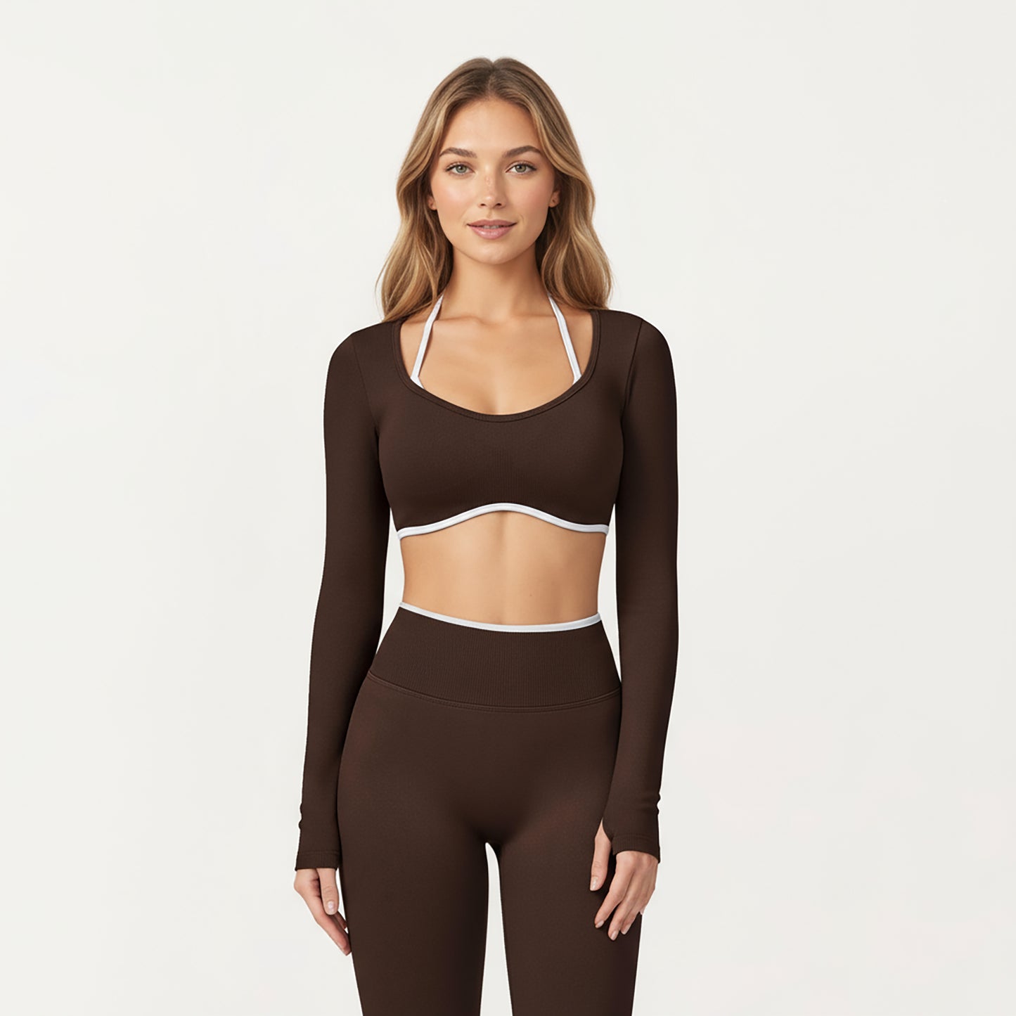 Anna-Kaci Active Women's Long Sleeve Crop Top with Contrast Trim and Scoop Neckline