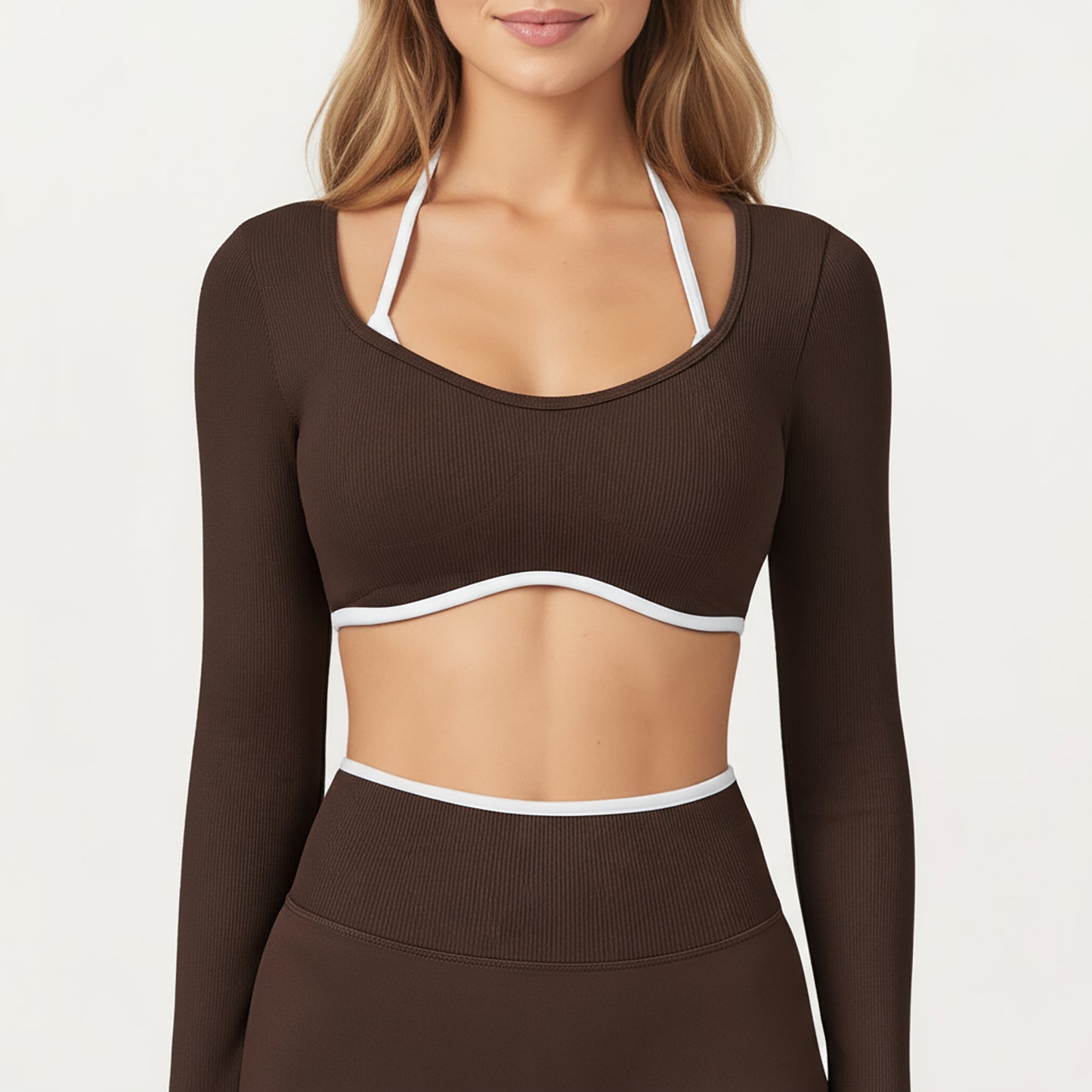 Anna-Kaci Active Women's Long Sleeve Crop Top with Contrast Trim and Scoop Neckline