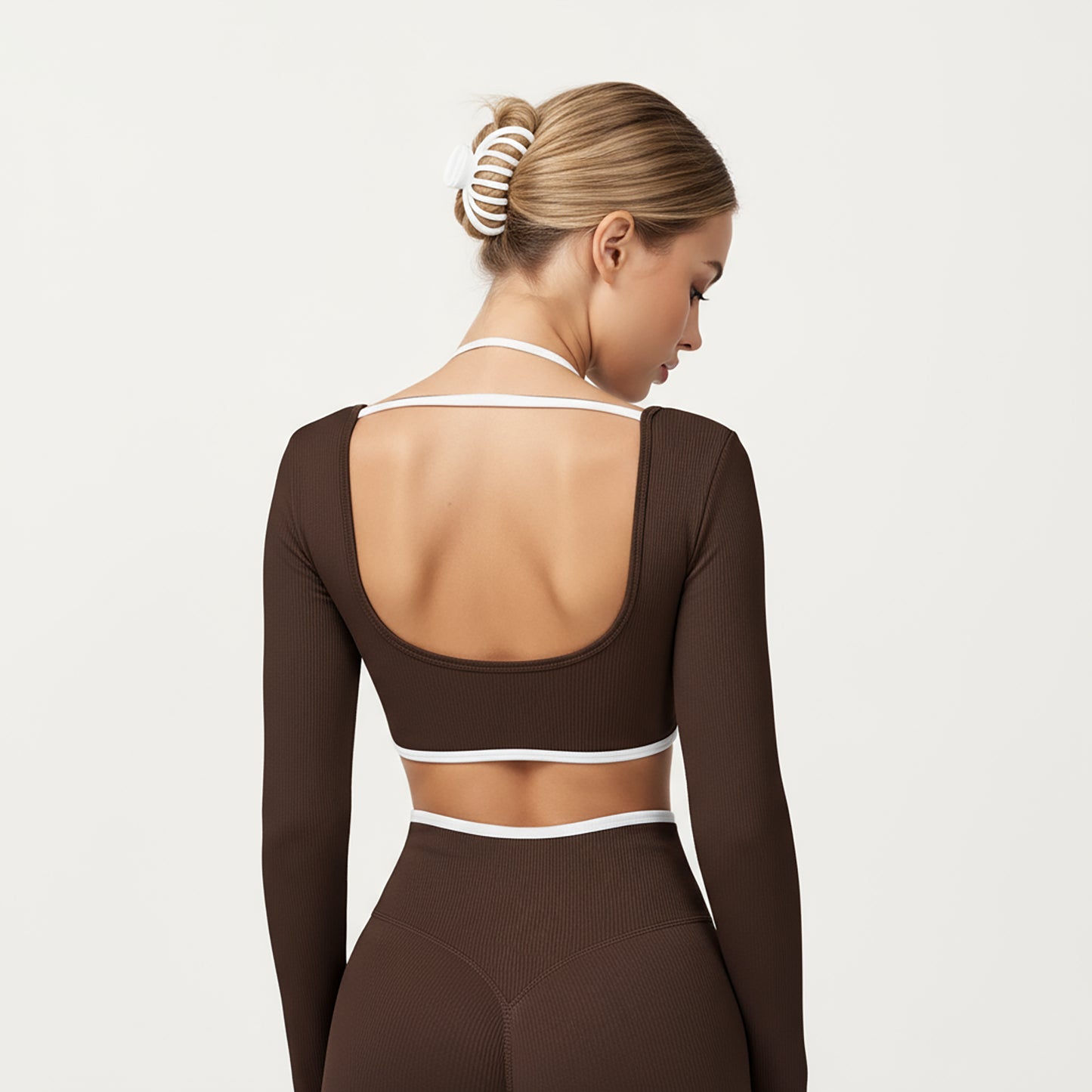 Anna-Kaci Active Women's Long Sleeve Crop Top with Contrast Trim and Scoop Neckline