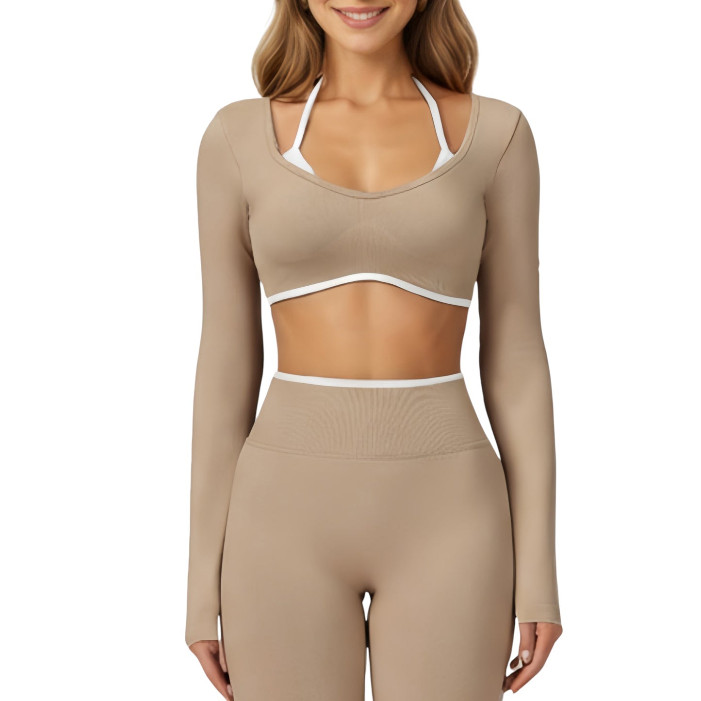 Anna-Kaci Active Women's Long Sleeve Crop Top with Contrast Trim and Scoop Neckline