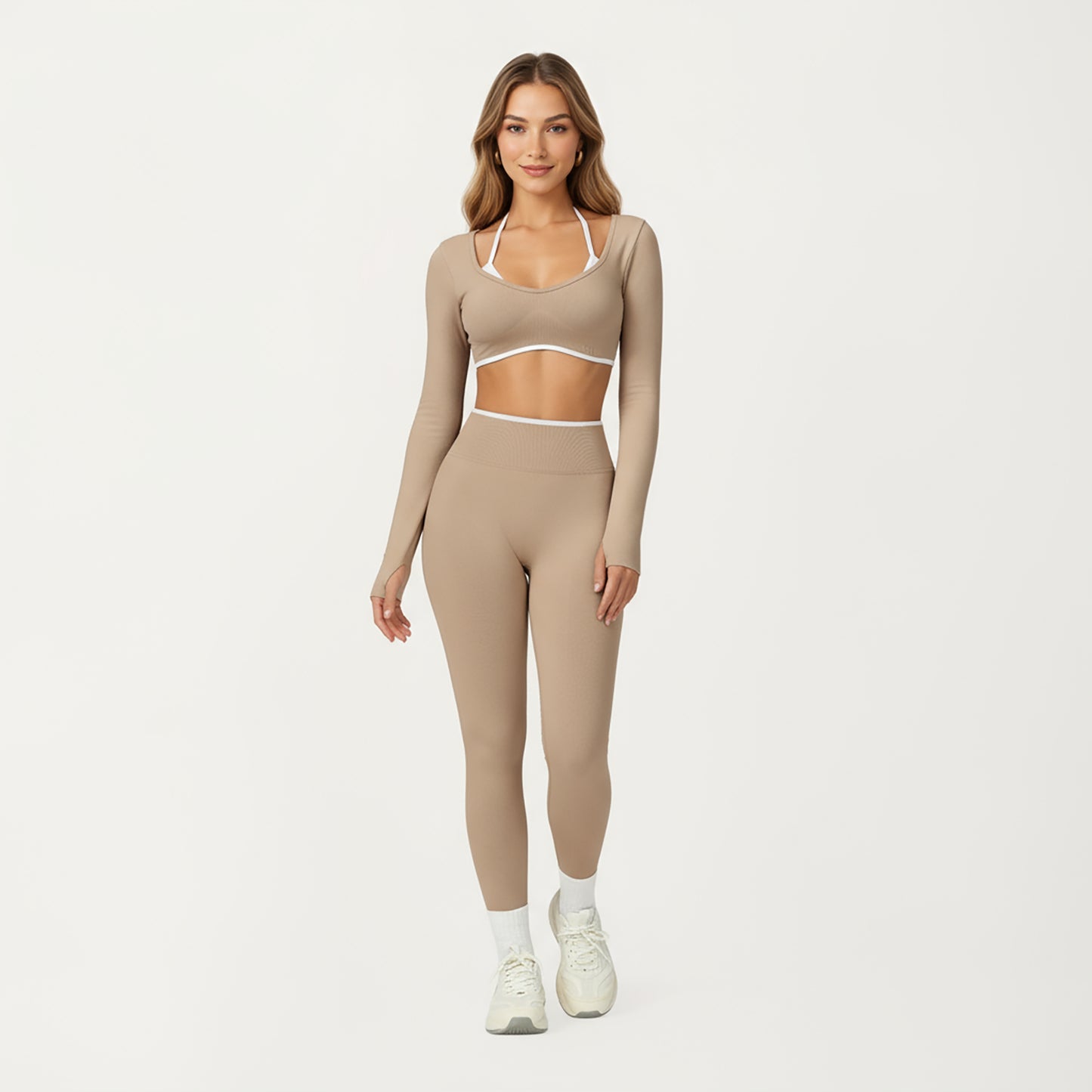 Anna-Kaci Active Women's Long Sleeve Crop Top with Contrast Trim and Scoop Neckline