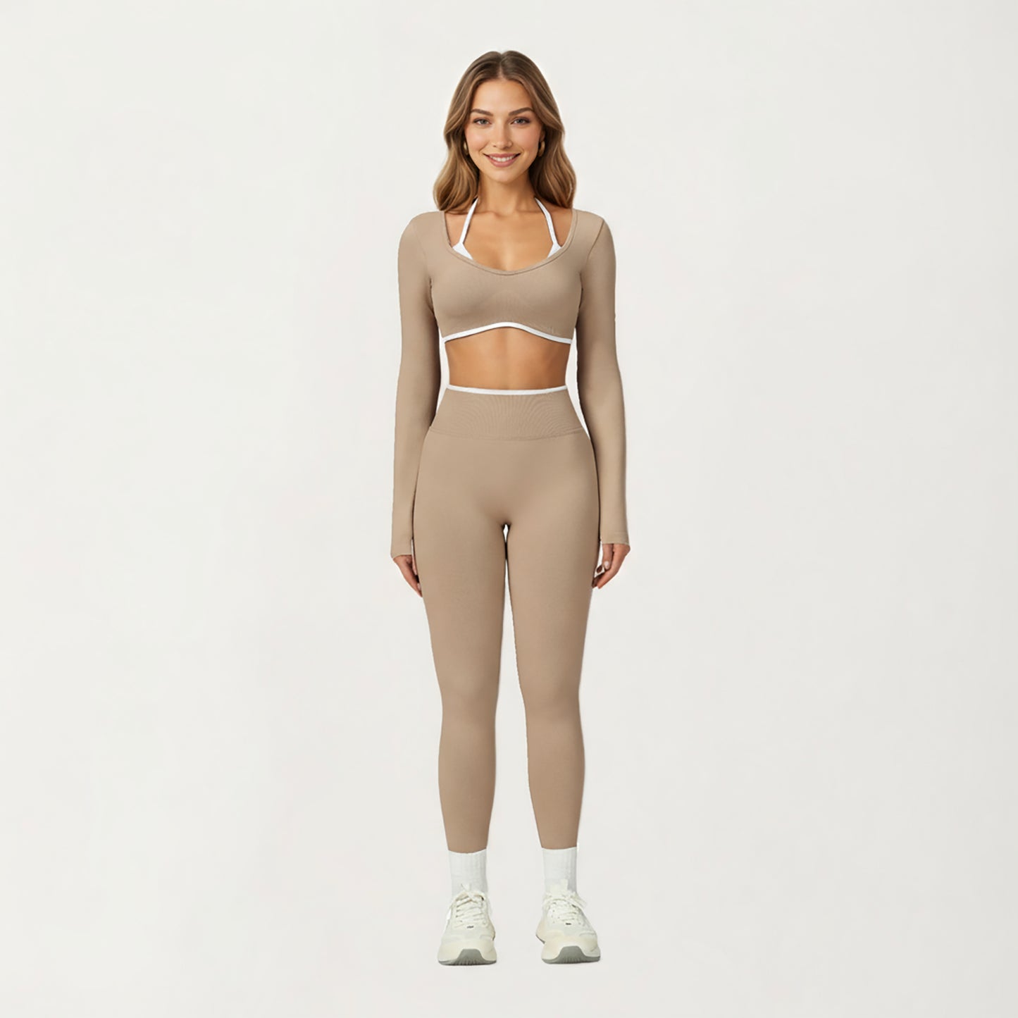 Anna-Kaci Active Women's Long Sleeve Crop Top with Contrast Trim and Scoop Neckline