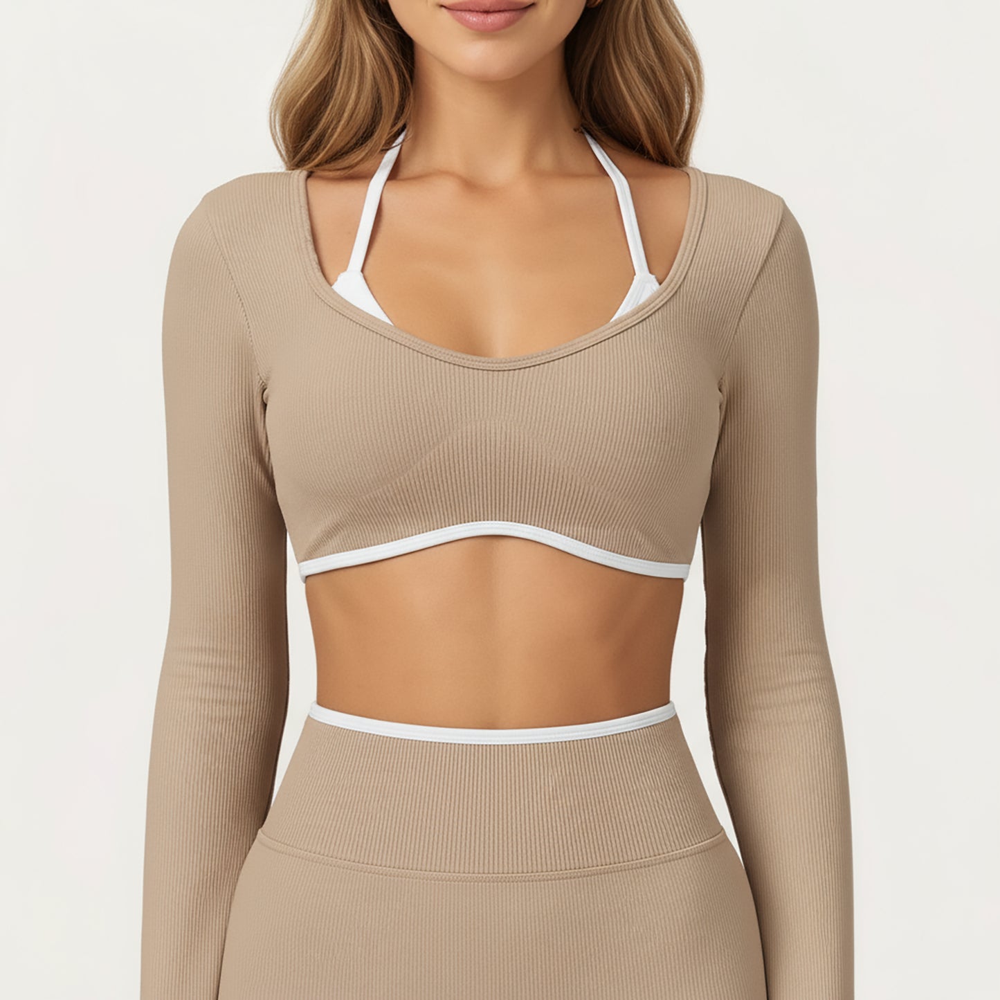 Anna-Kaci Active Women's Long Sleeve Crop Top with Contrast Trim and Scoop Neckline