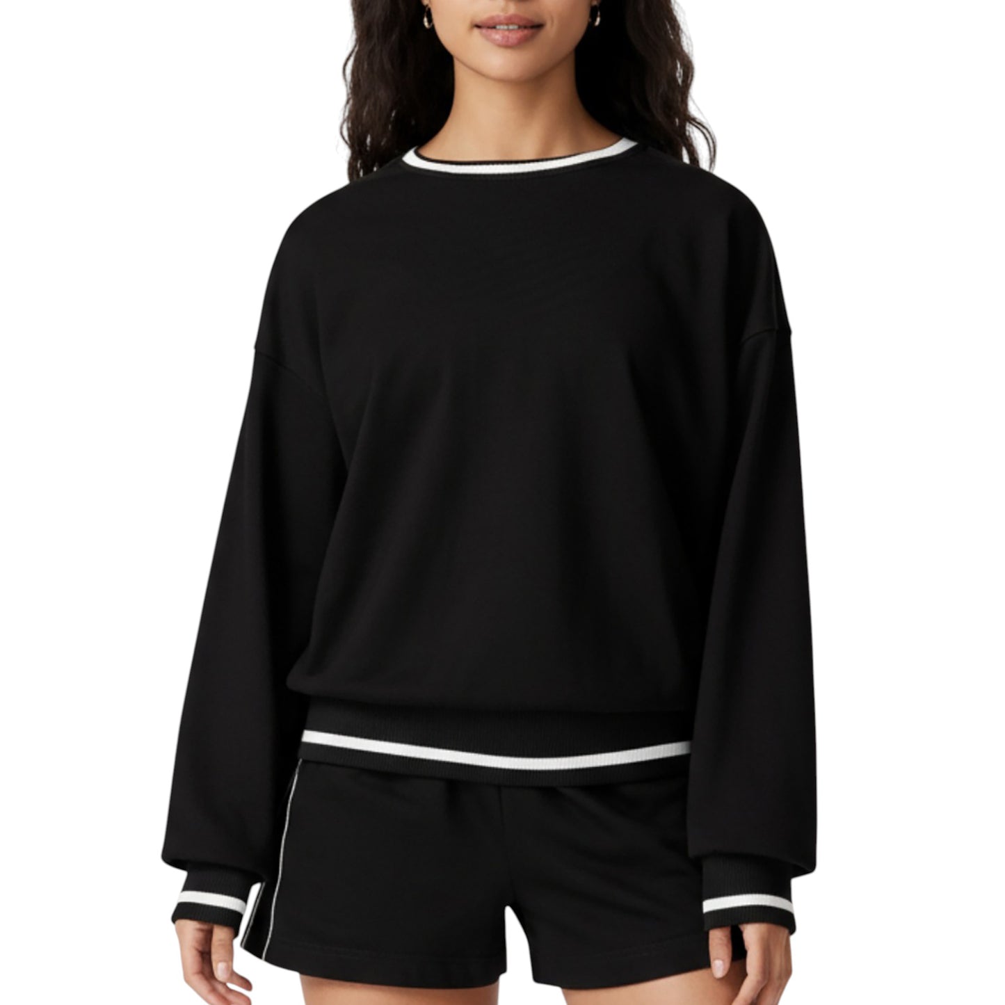 Anna-Kaci Active Women's Long Sleeve Crew Neck Pullover Sweatshirt with Contrast Trim Ribbed Hem and Relaxed Fit