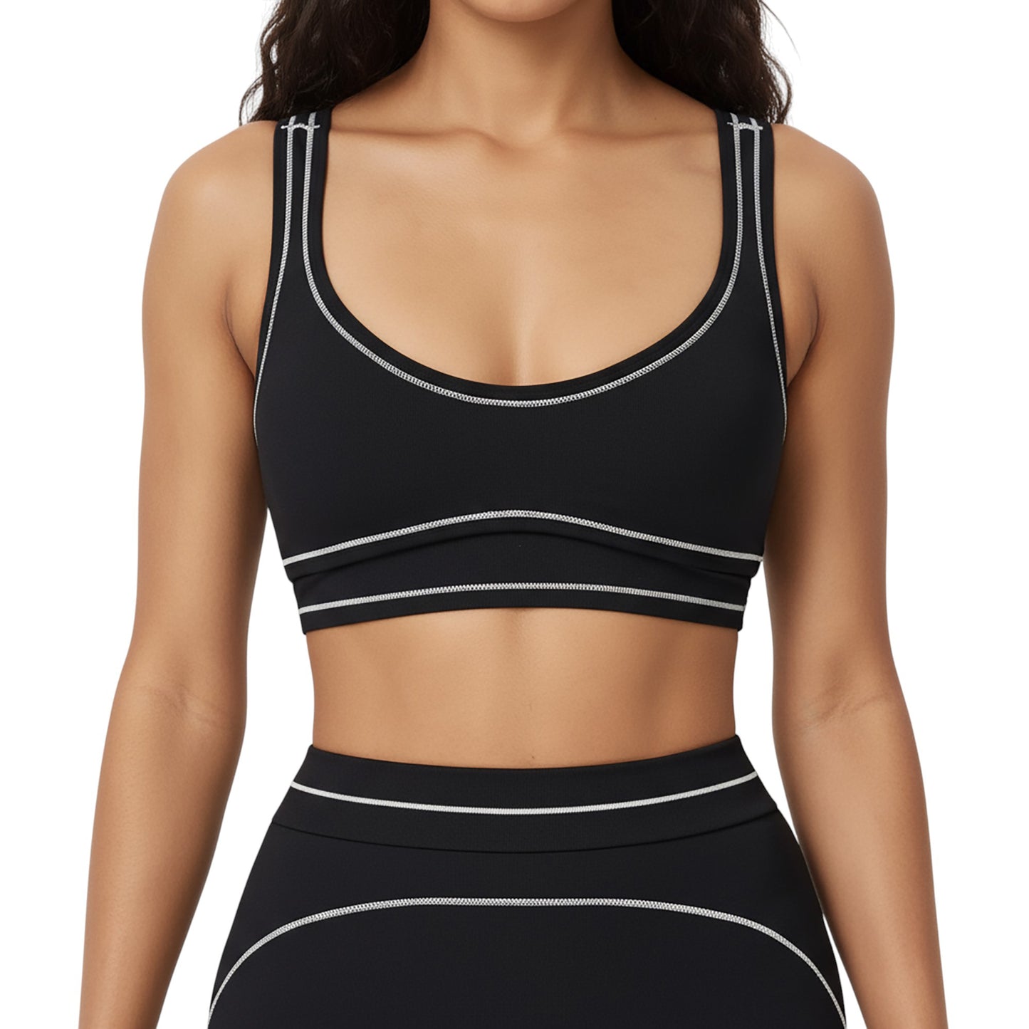 Anna-Kaci Active Women's Sports Bra with Scoop Neck, Wide Straps, and Contrast Stitch Detailing for Medium Support