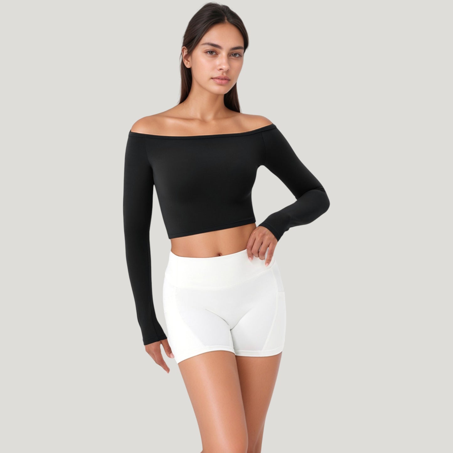 Anna-Kaci Active Women's Off Shoulder Long Sleeve Activewear Crop Top with Streamlined Fit and Lightweight Stretch Fabric