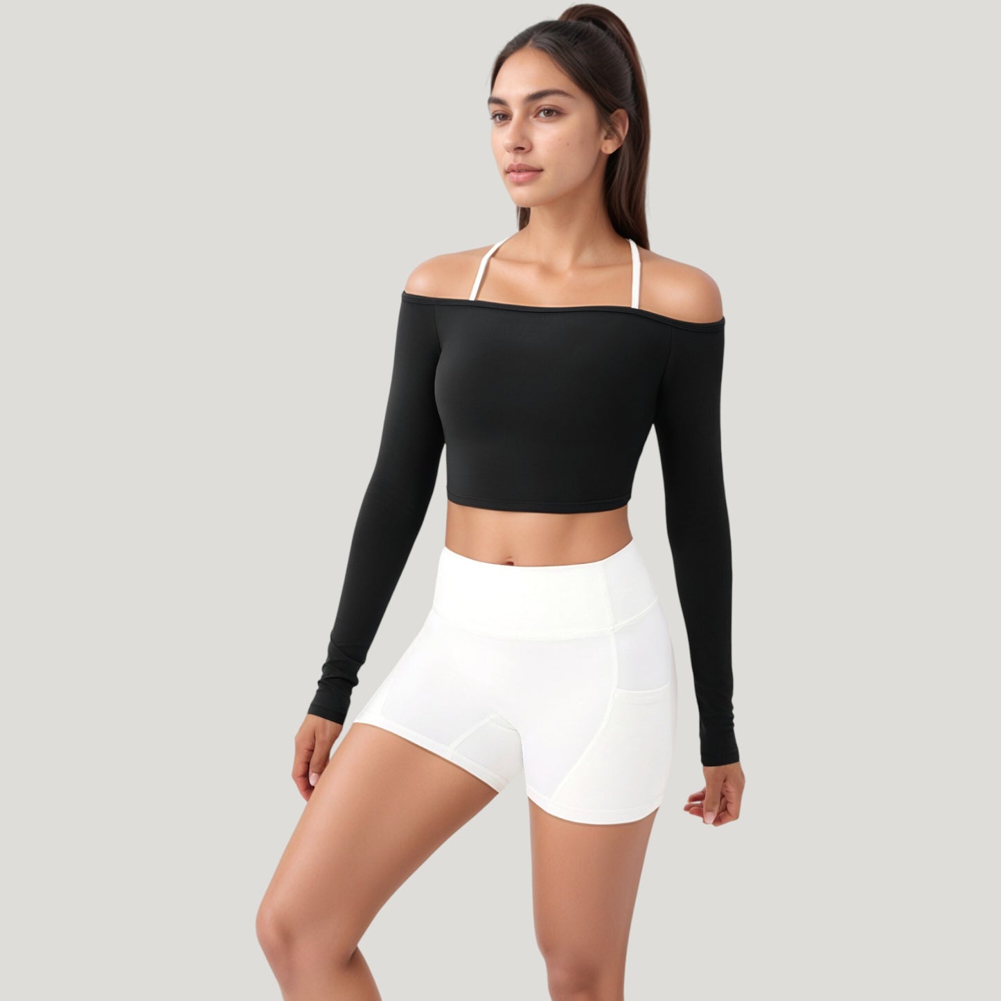 Anna-Kaci Active Women's Off Shoulder Long Sleeve Activewear Crop Top with Streamlined Fit and Lightweight Stretch Fabric