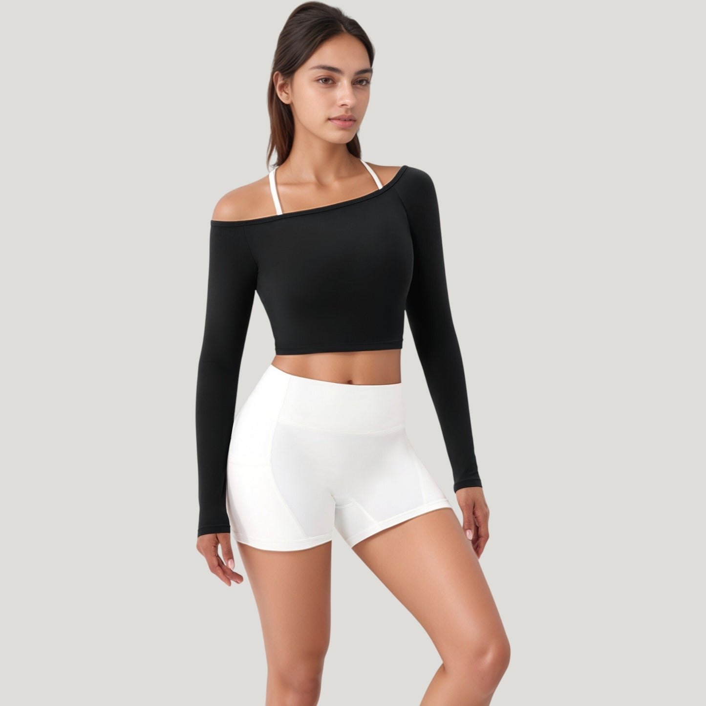 Anna-Kaci Active Women's Off Shoulder Long Sleeve Activewear Crop Top with Streamlined Fit and Lightweight Stretch Fabric