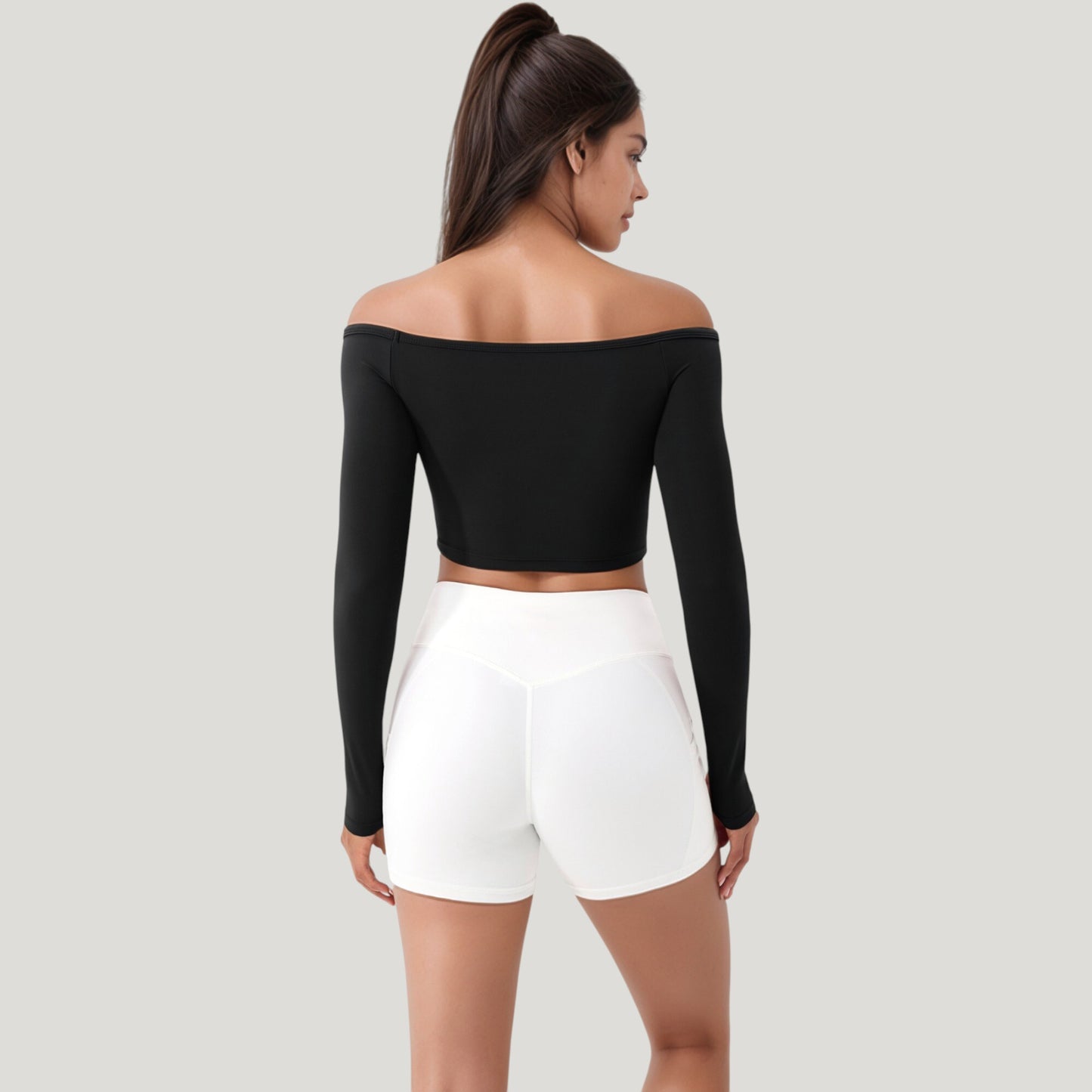 Anna-Kaci Active Women's Off Shoulder Long Sleeve Activewear Crop Top with Streamlined Fit and Lightweight Stretch Fabric