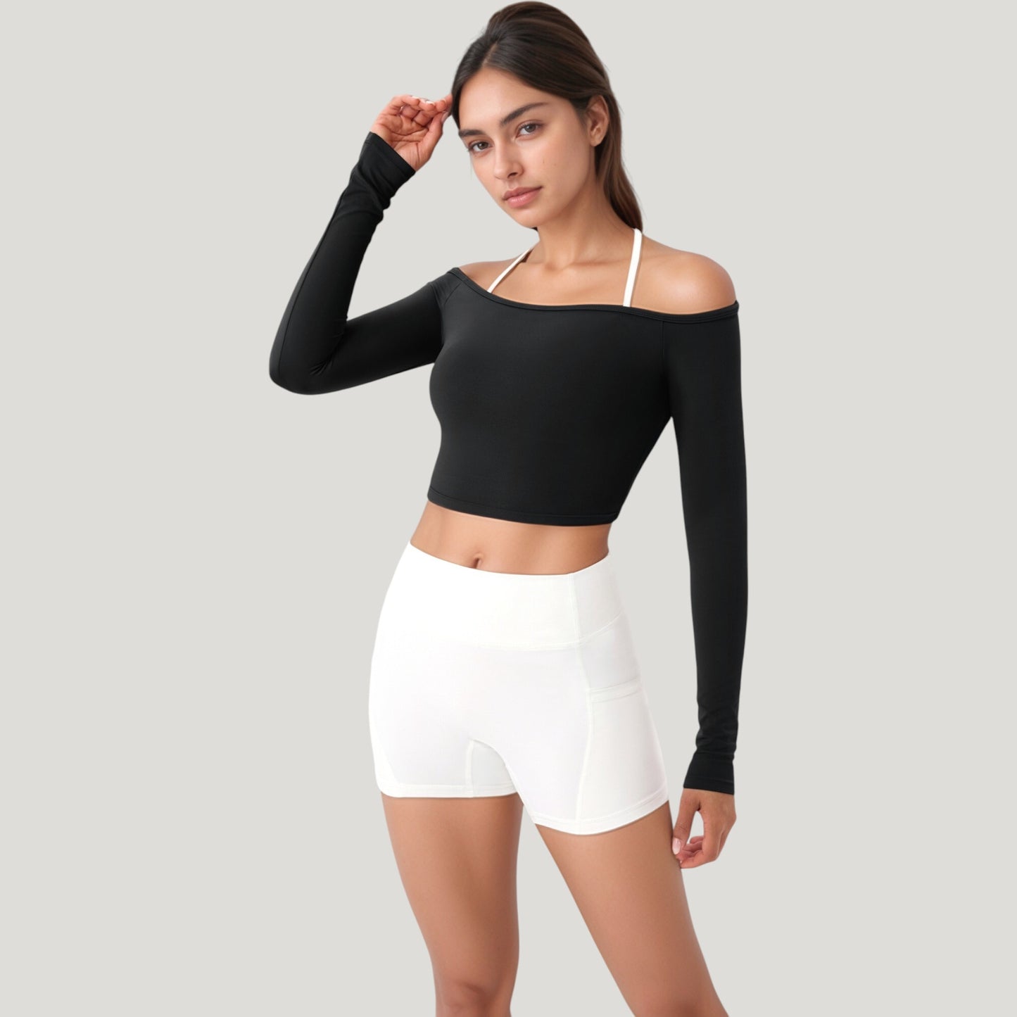 Anna-Kaci Active Women's Off Shoulder Long Sleeve Activewear Crop Top with Streamlined Fit and Lightweight Stretch Fabric