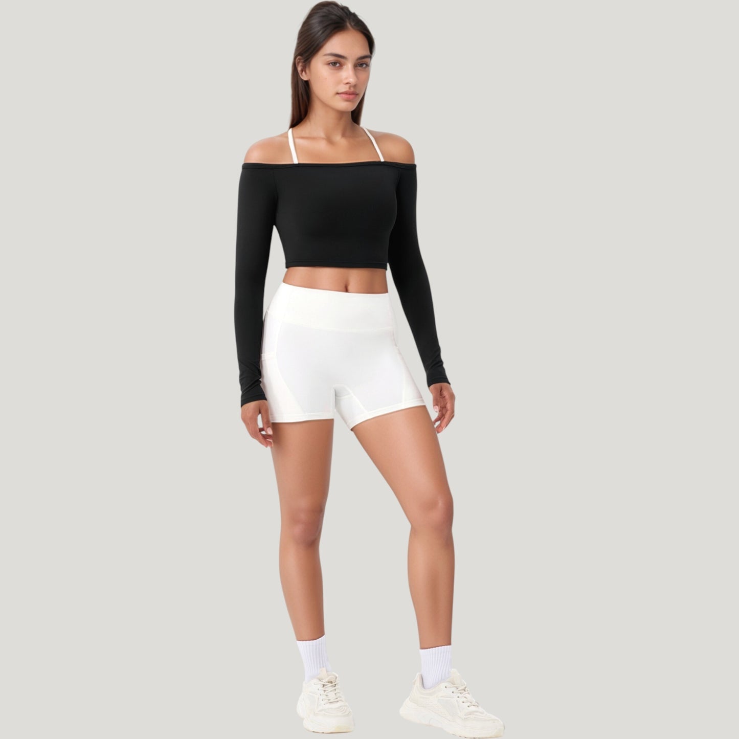 Anna-Kaci Active Women's Off Shoulder Long Sleeve Activewear Crop Top with Streamlined Fit and Lightweight Stretch Fabric