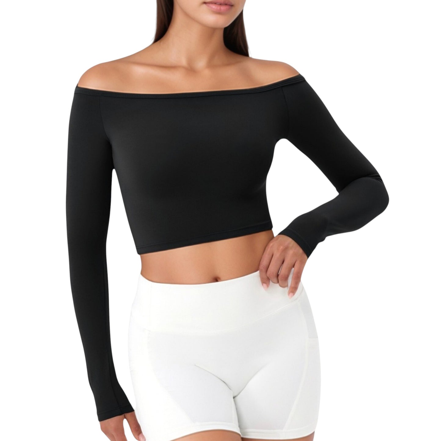 Anna-Kaci Active Women's Off Shoulder Long Sleeve Activewear Crop Top with Streamlined Fit and Lightweight Stretch Fabric