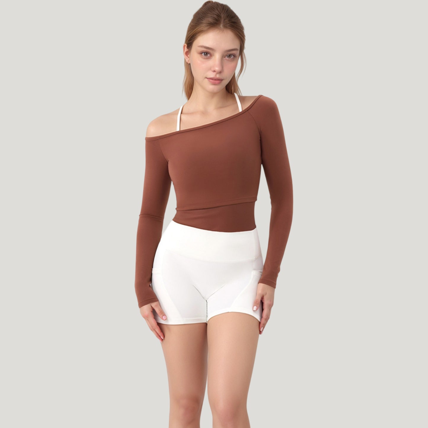 Anna-Kaci Active Women's Off Shoulder Long Sleeve Activewear Crop Top with Streamlined Fit and Lightweight Stretch Fabric