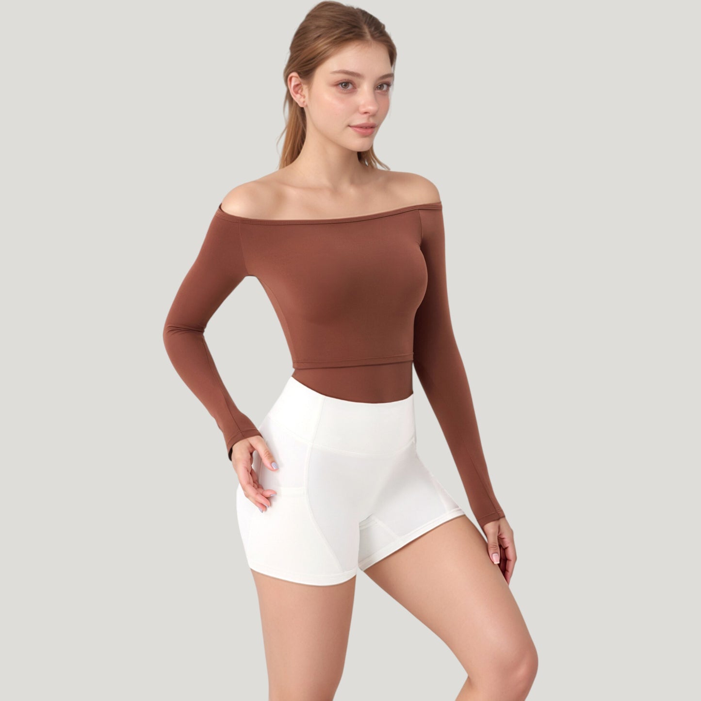 Anna-Kaci Active Women's Off Shoulder Long Sleeve Activewear Crop Top with Streamlined Fit and Lightweight Stretch Fabric