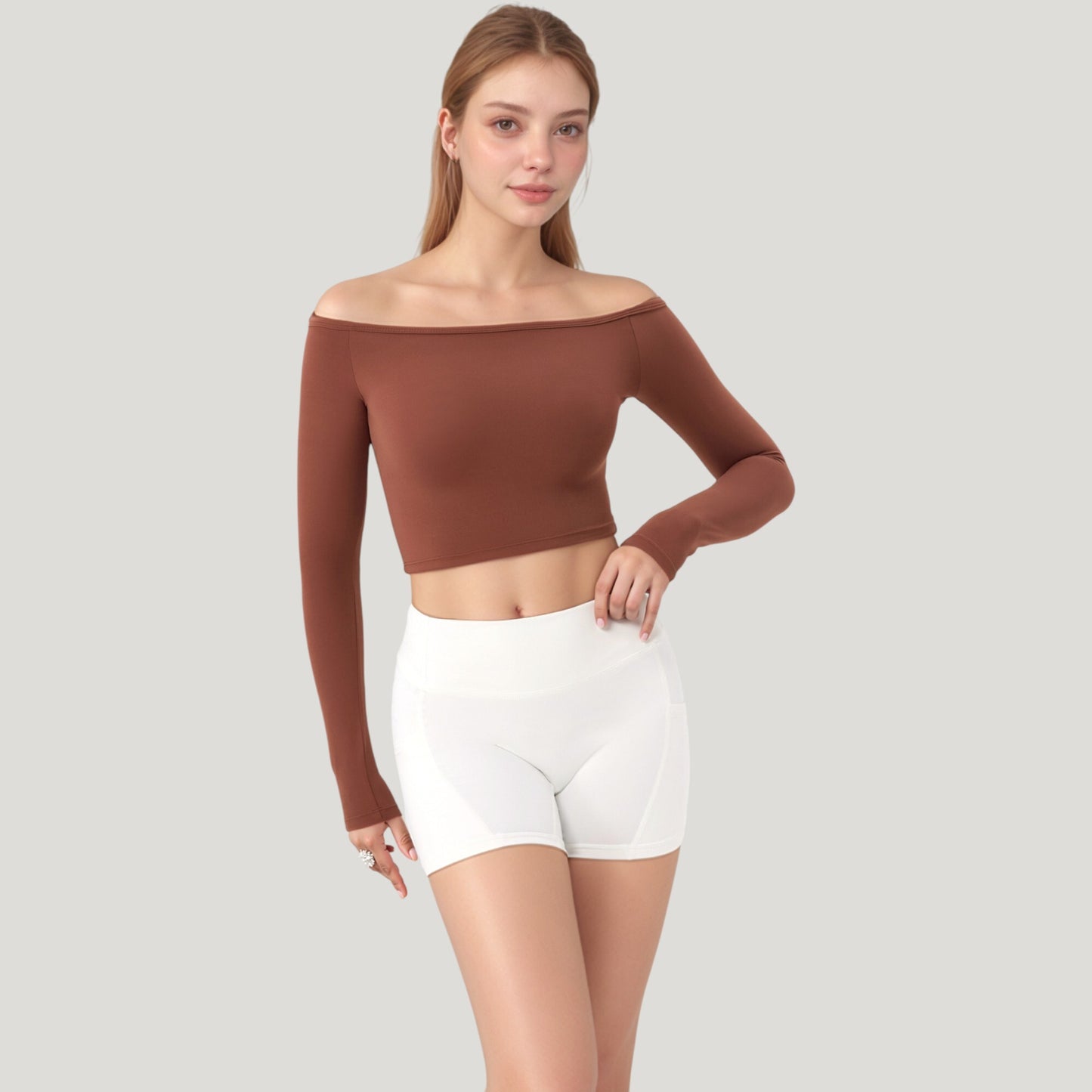 Anna-Kaci Active Women's Off Shoulder Long Sleeve Activewear Crop Top with Streamlined Fit and Lightweight Stretch Fabric