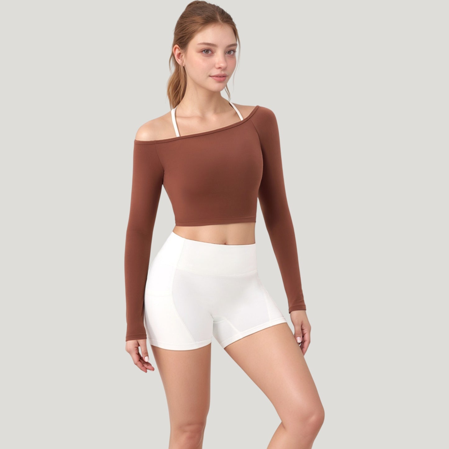 Anna-Kaci Active Women's Off Shoulder Long Sleeve Activewear Crop Top with Streamlined Fit and Lightweight Stretch Fabric