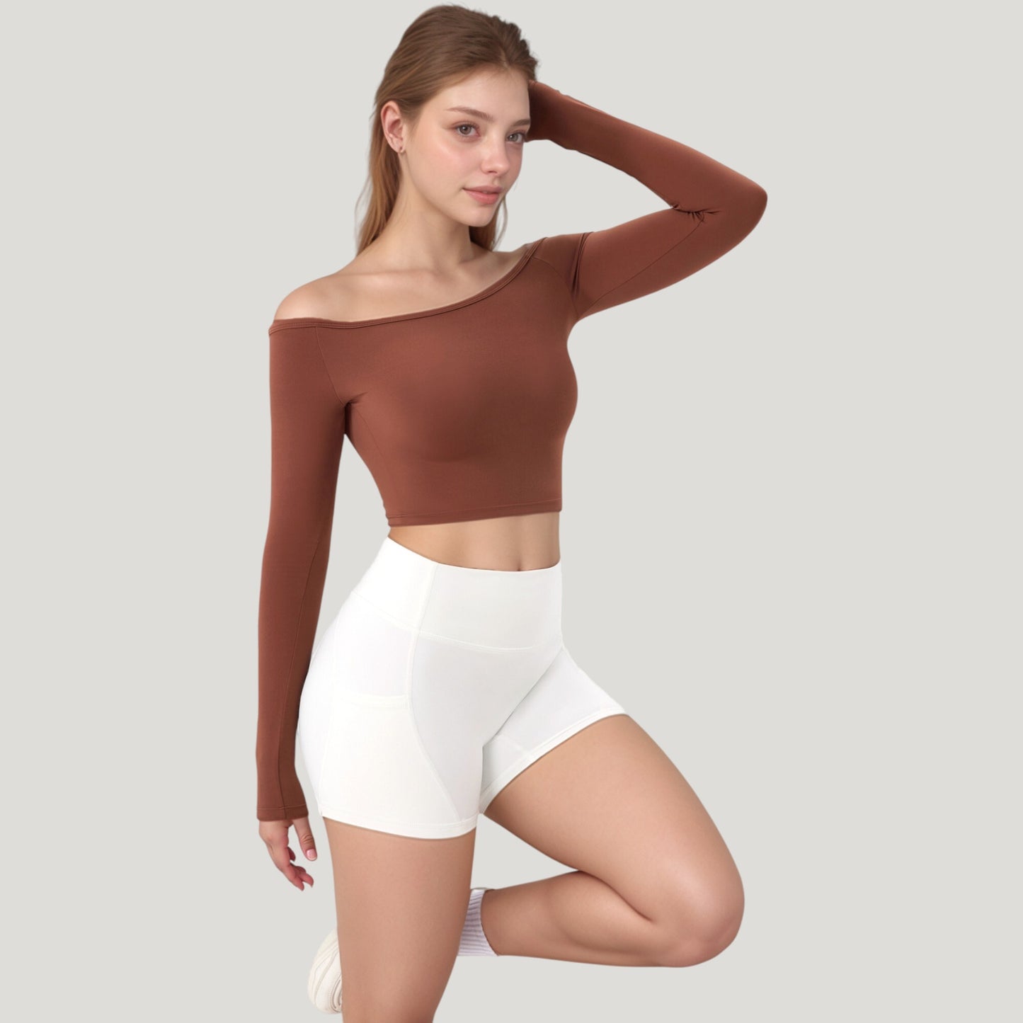 Anna-Kaci Active Women's Off Shoulder Long Sleeve Activewear Crop Top with Streamlined Fit and Lightweight Stretch Fabric