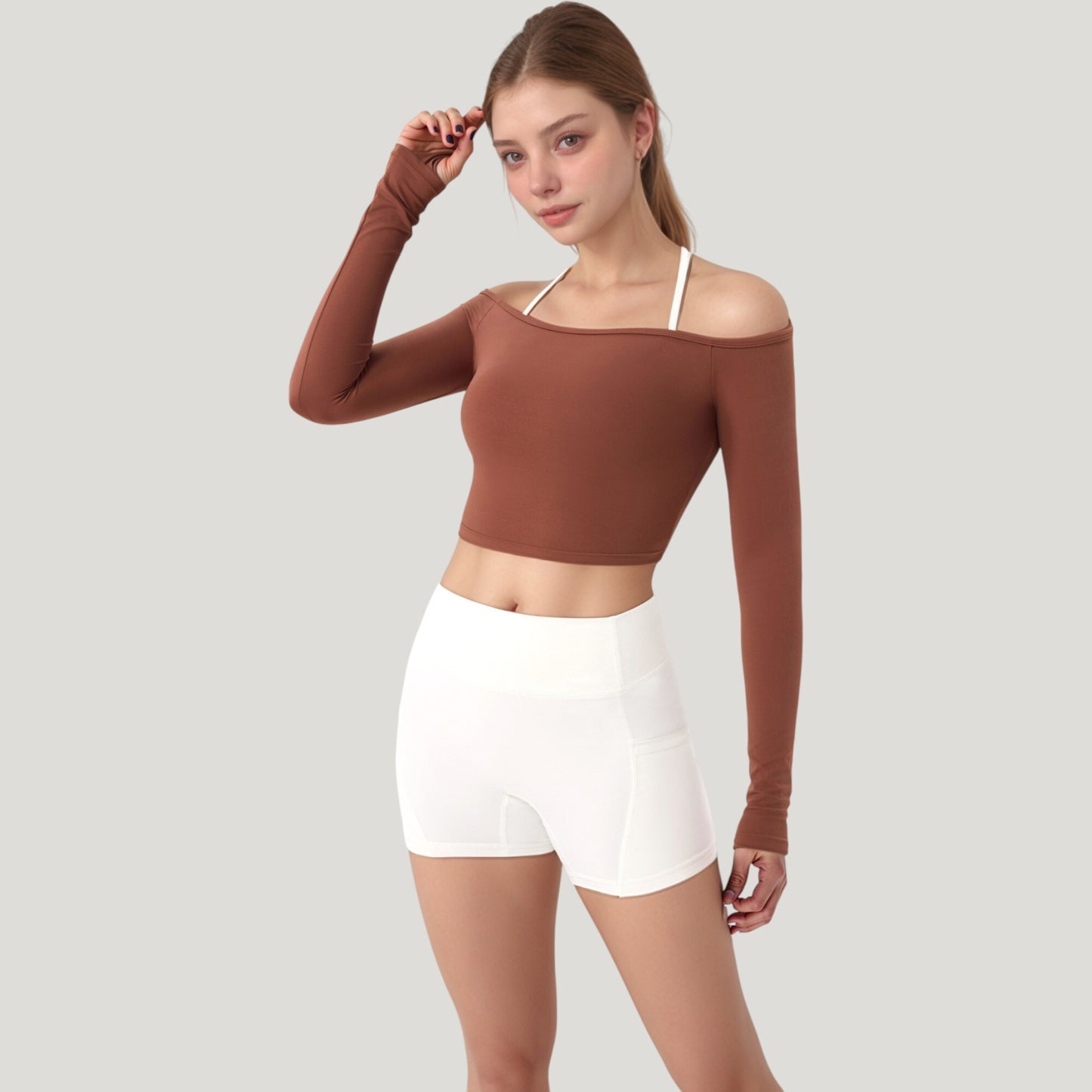 Anna-Kaci Active Women's Off Shoulder Long Sleeve Activewear Crop Top with Streamlined Fit and Lightweight Stretch Fabric