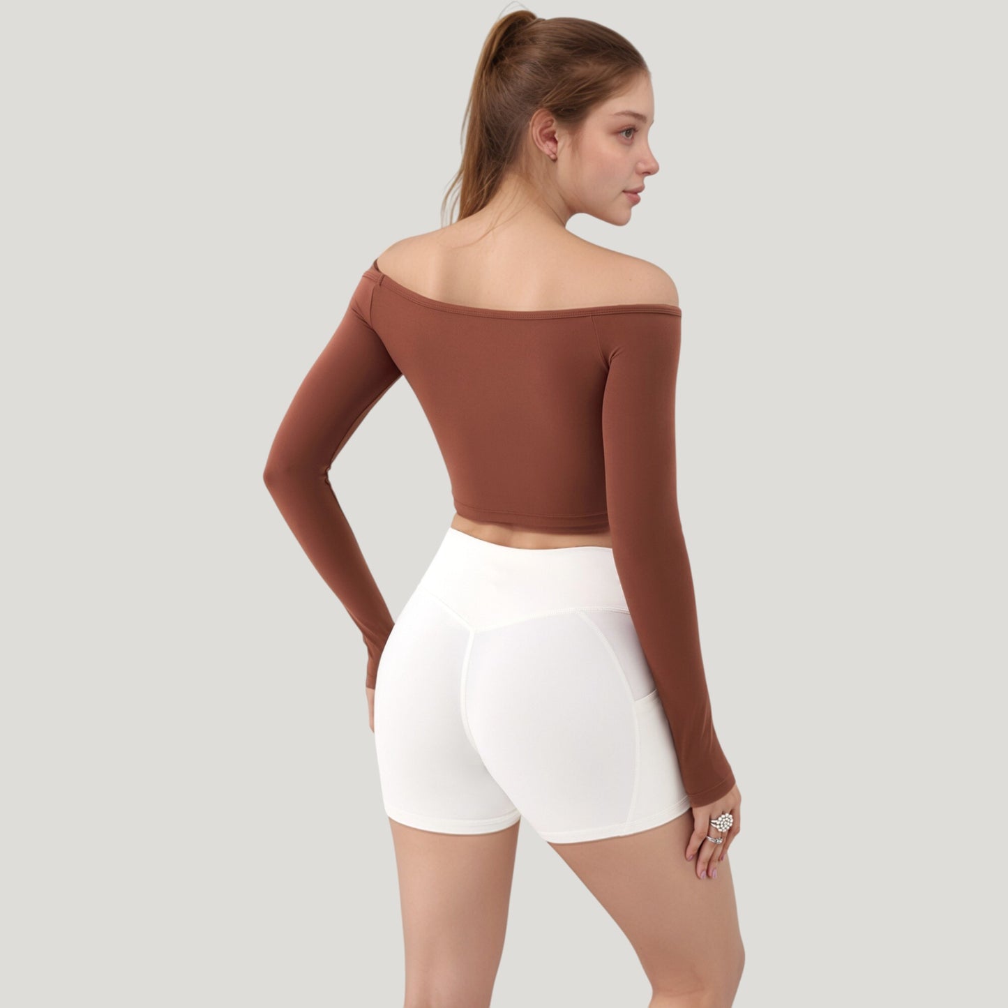 Anna-Kaci Active Women's Off Shoulder Long Sleeve Activewear Crop Top with Streamlined Fit and Lightweight Stretch Fabric